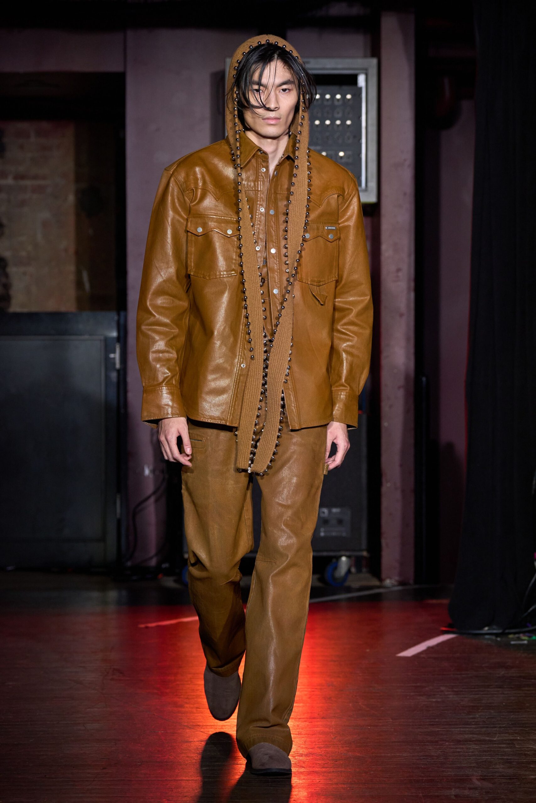 brown leather long-sleeve collared relaxed buttoned jacket