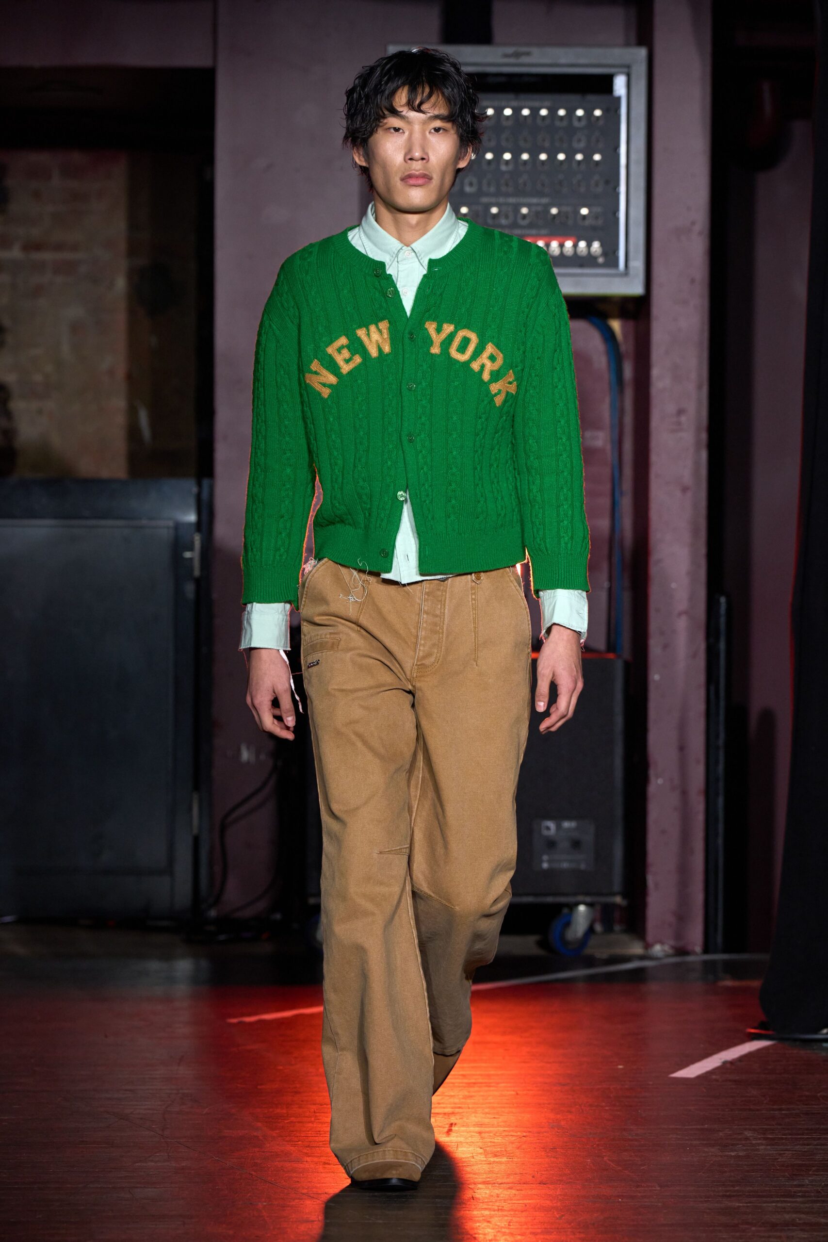 green cotton long-sleeve collared relaxed embroidered cardigan
