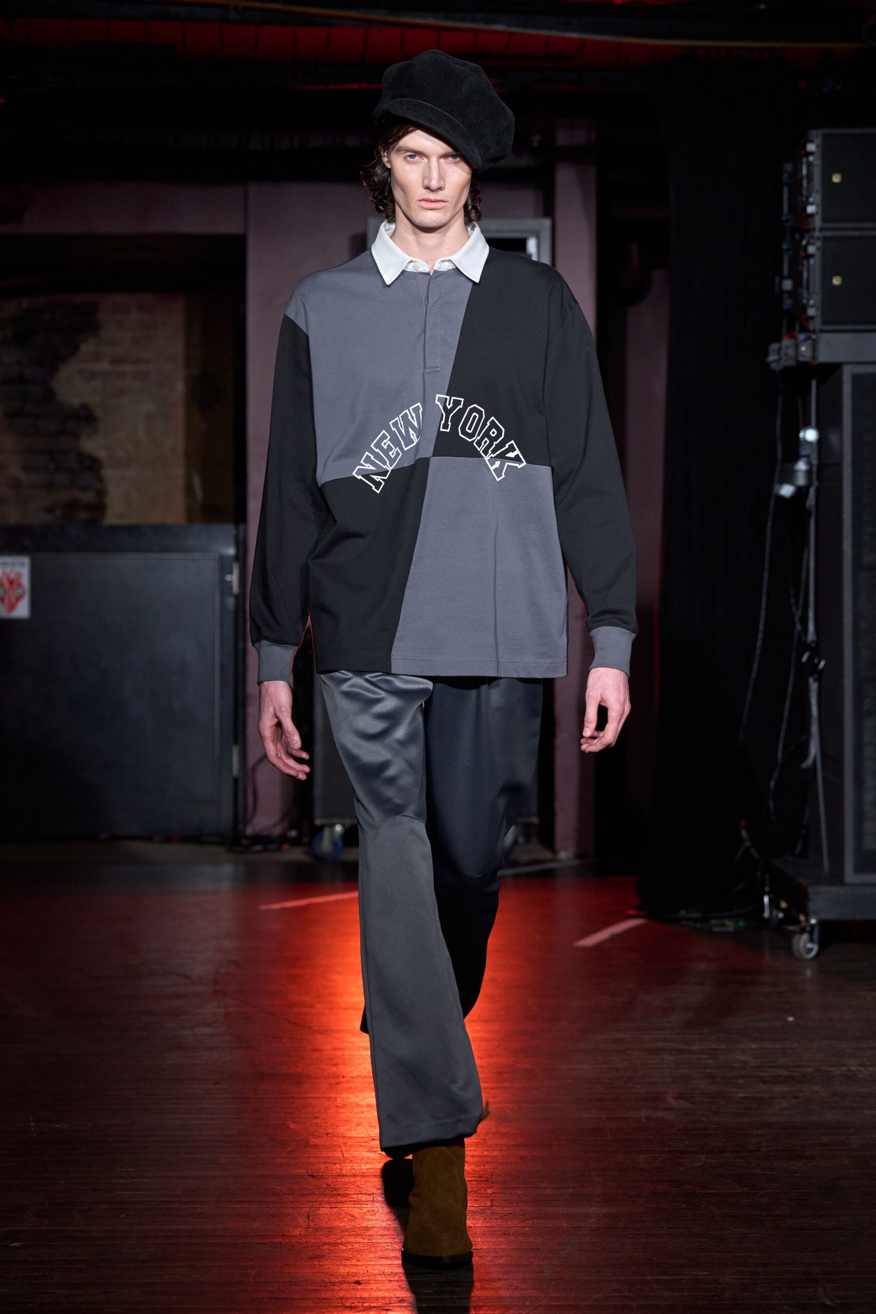 black cotton long-sleeve collared relaxed color-blocked top
