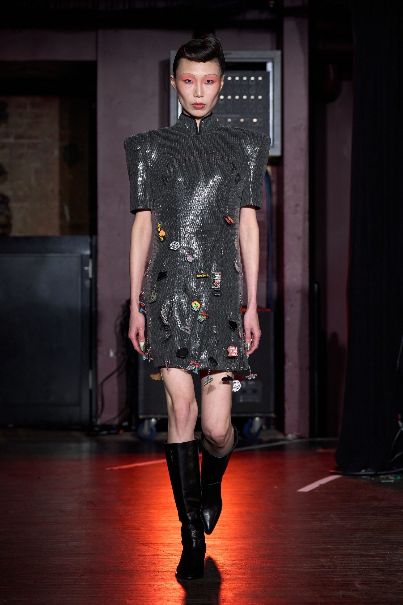 black metallic short-sleeve high-neck fitted embellished shiny dress