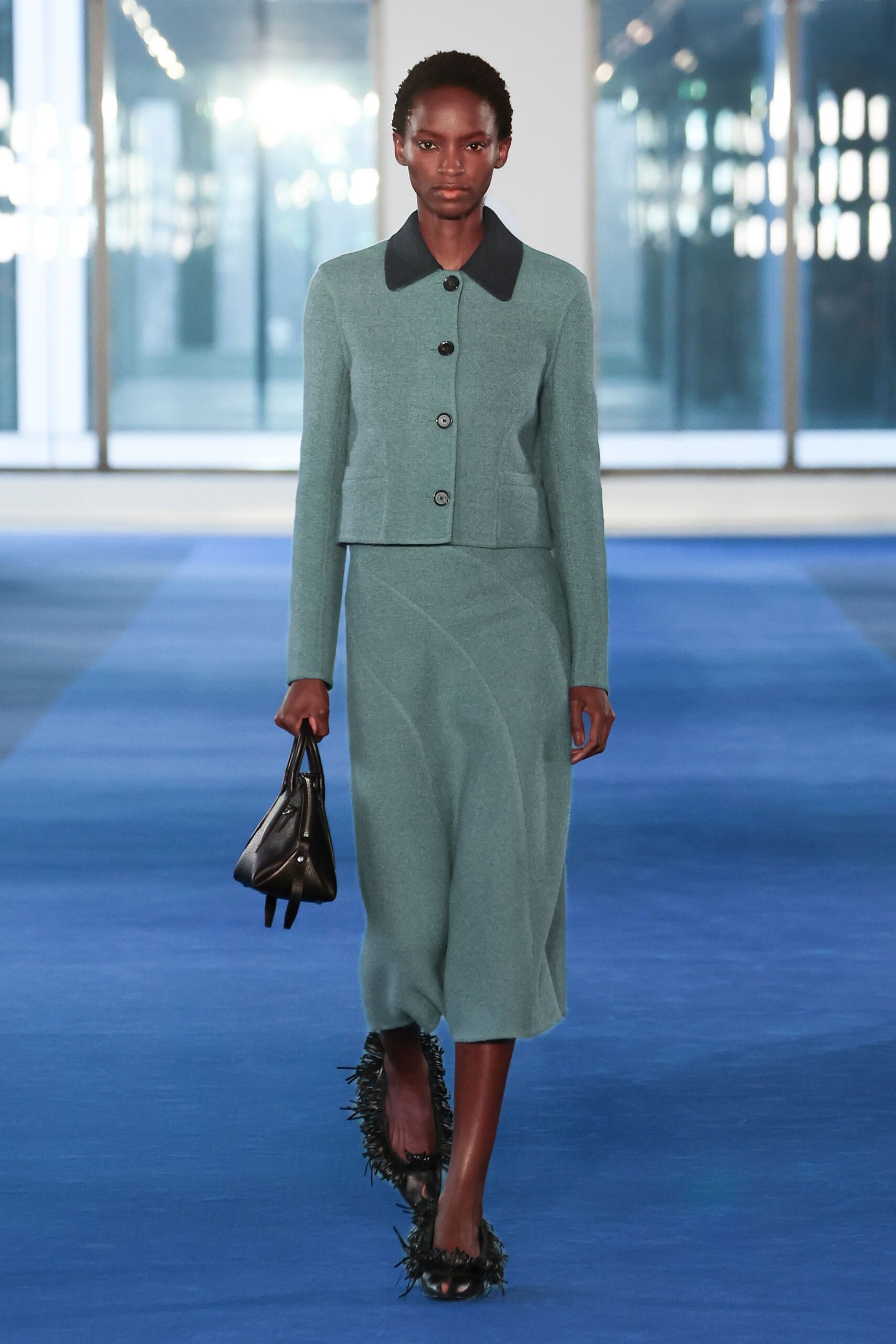 blue wool long-sleeve collared fitted buttoned jacket