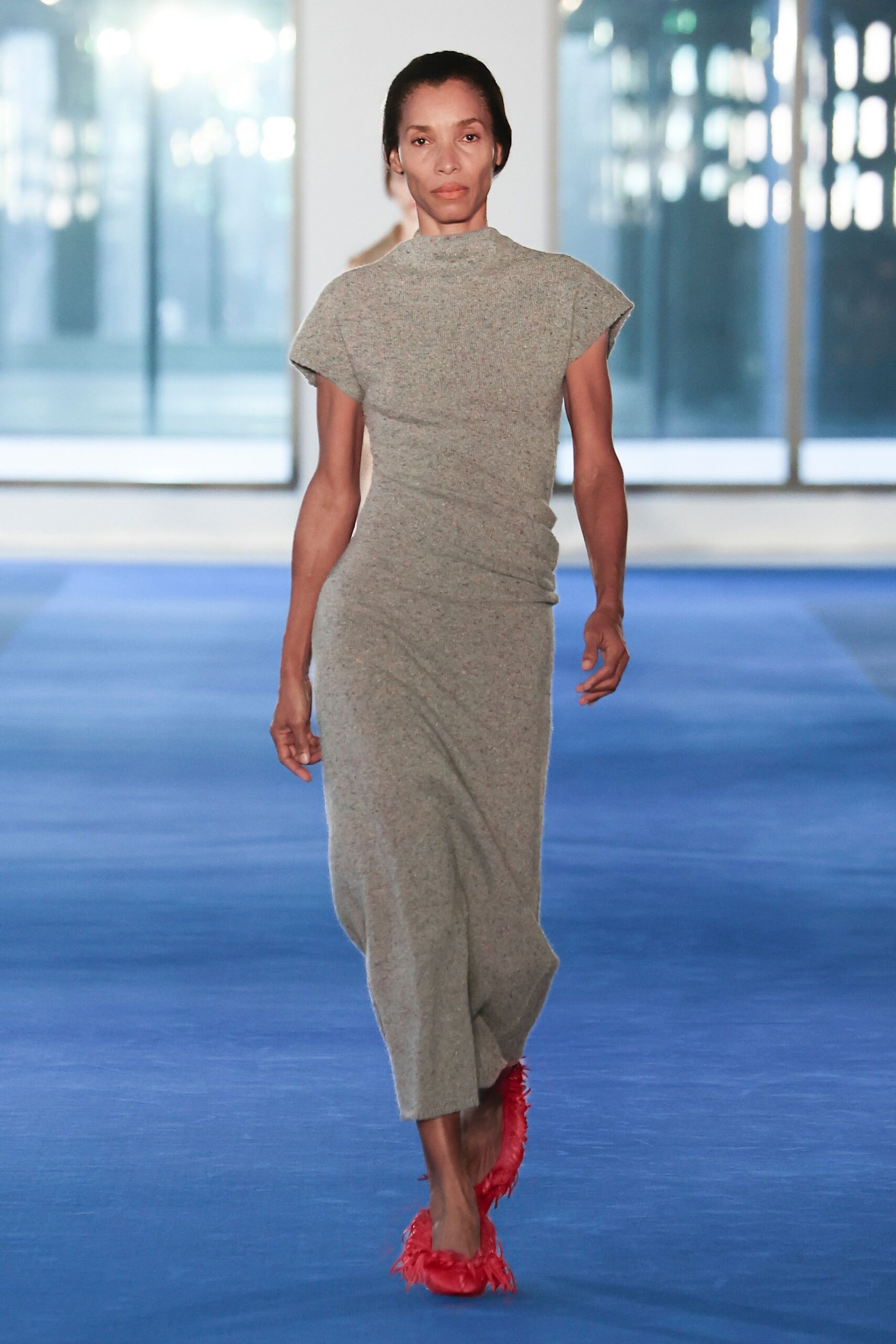 gray wool short-sleeve high-neck fitted straight-leg midi dress