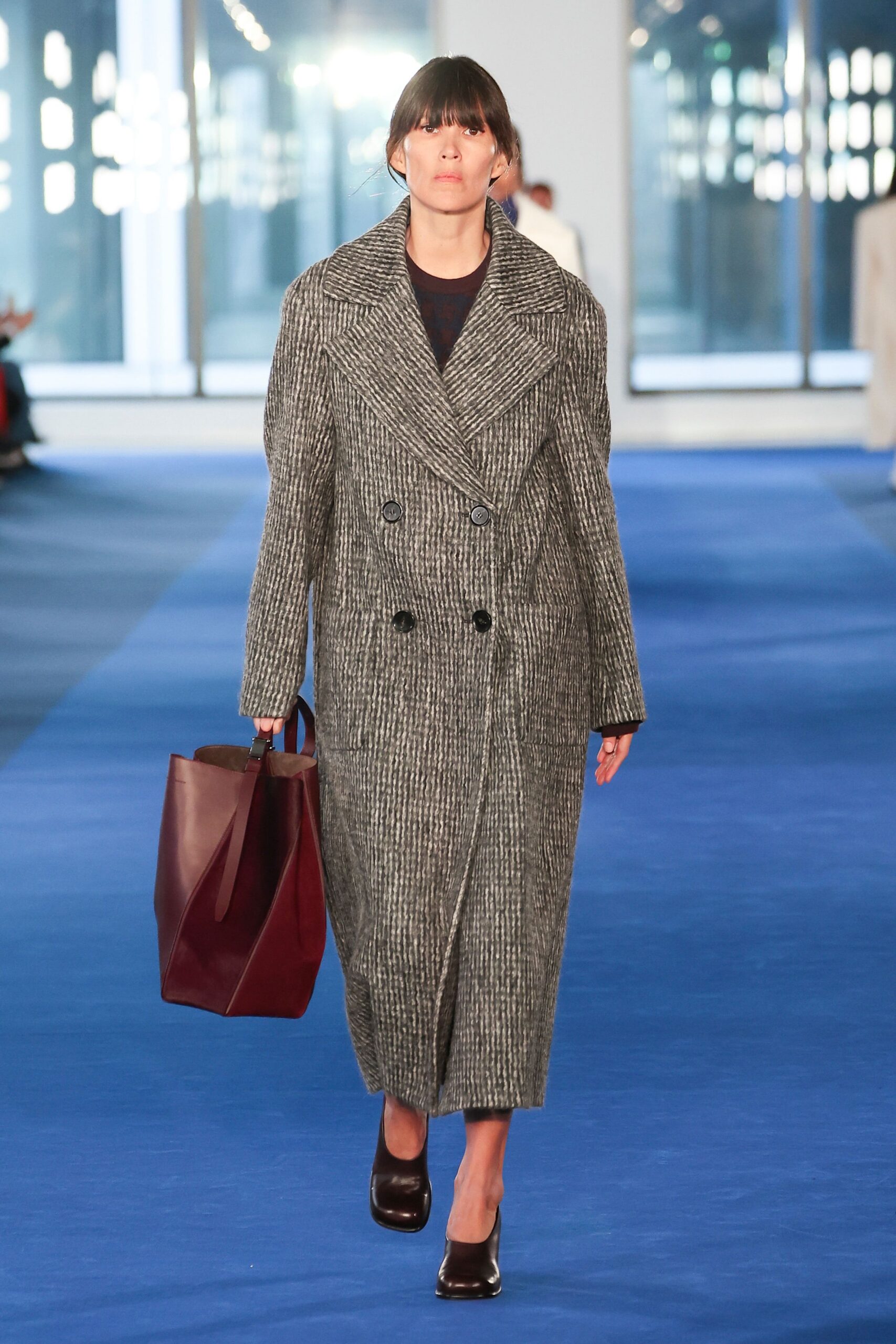 gray wool long-sleeve collared relaxed striped midi coat