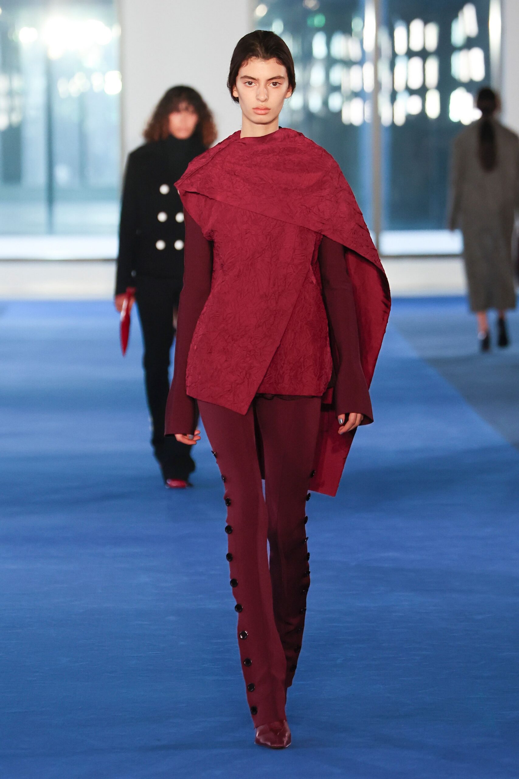 red silk fitted straight-leg pants