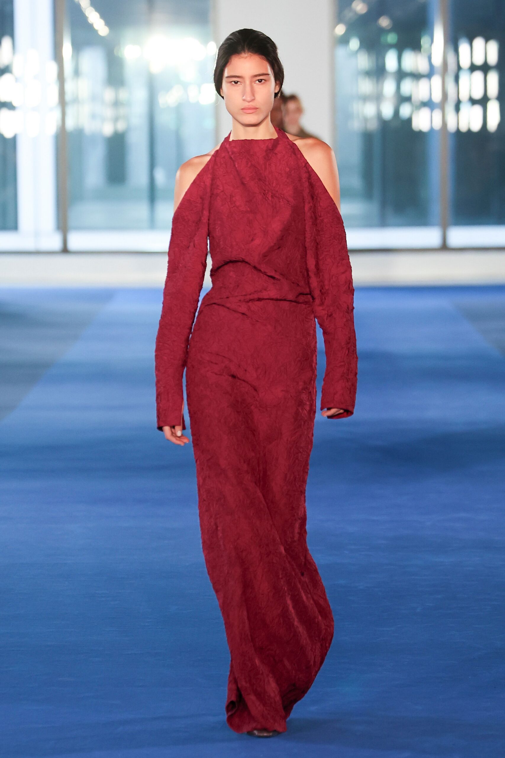 red silk off-shoulder gown