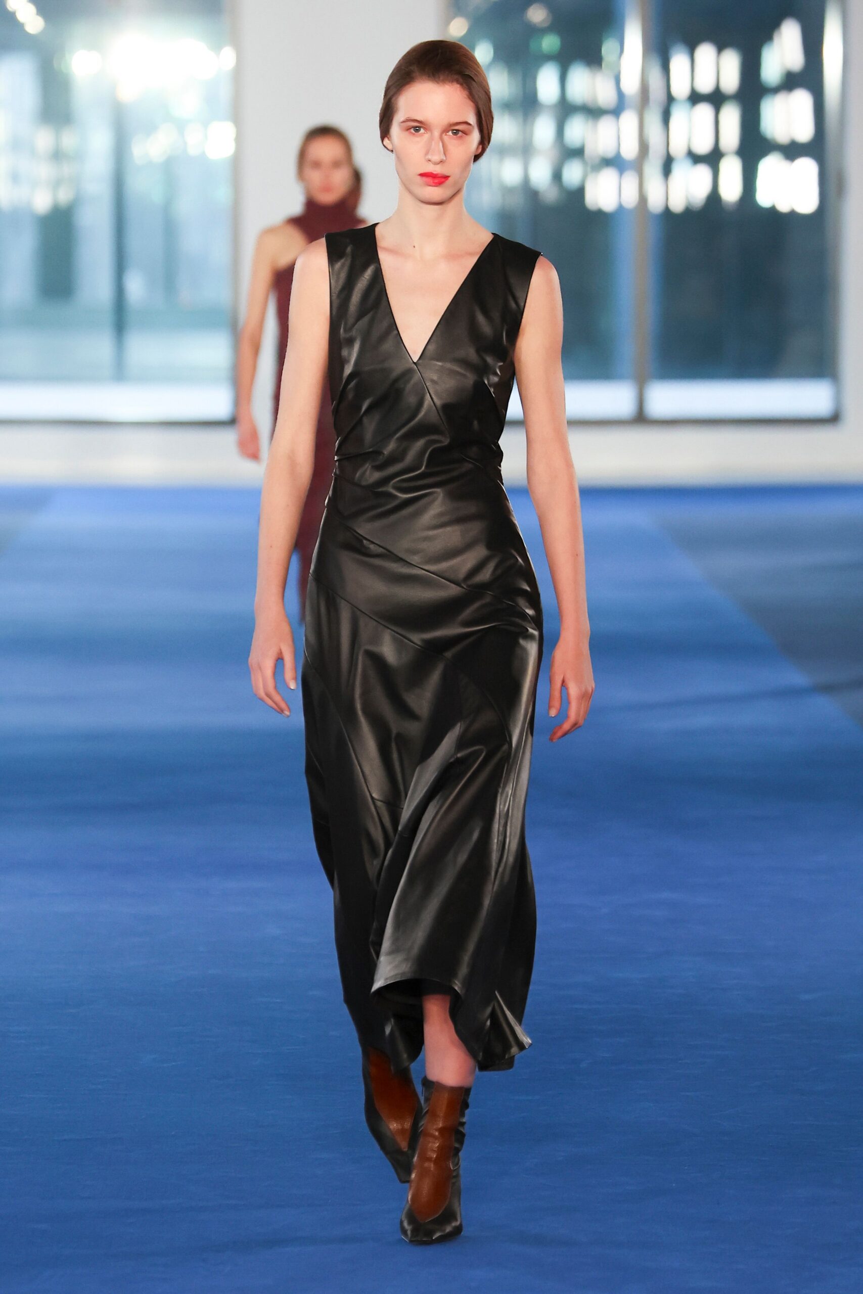 black leather sleeveless v-neck fitted draped maxi gown