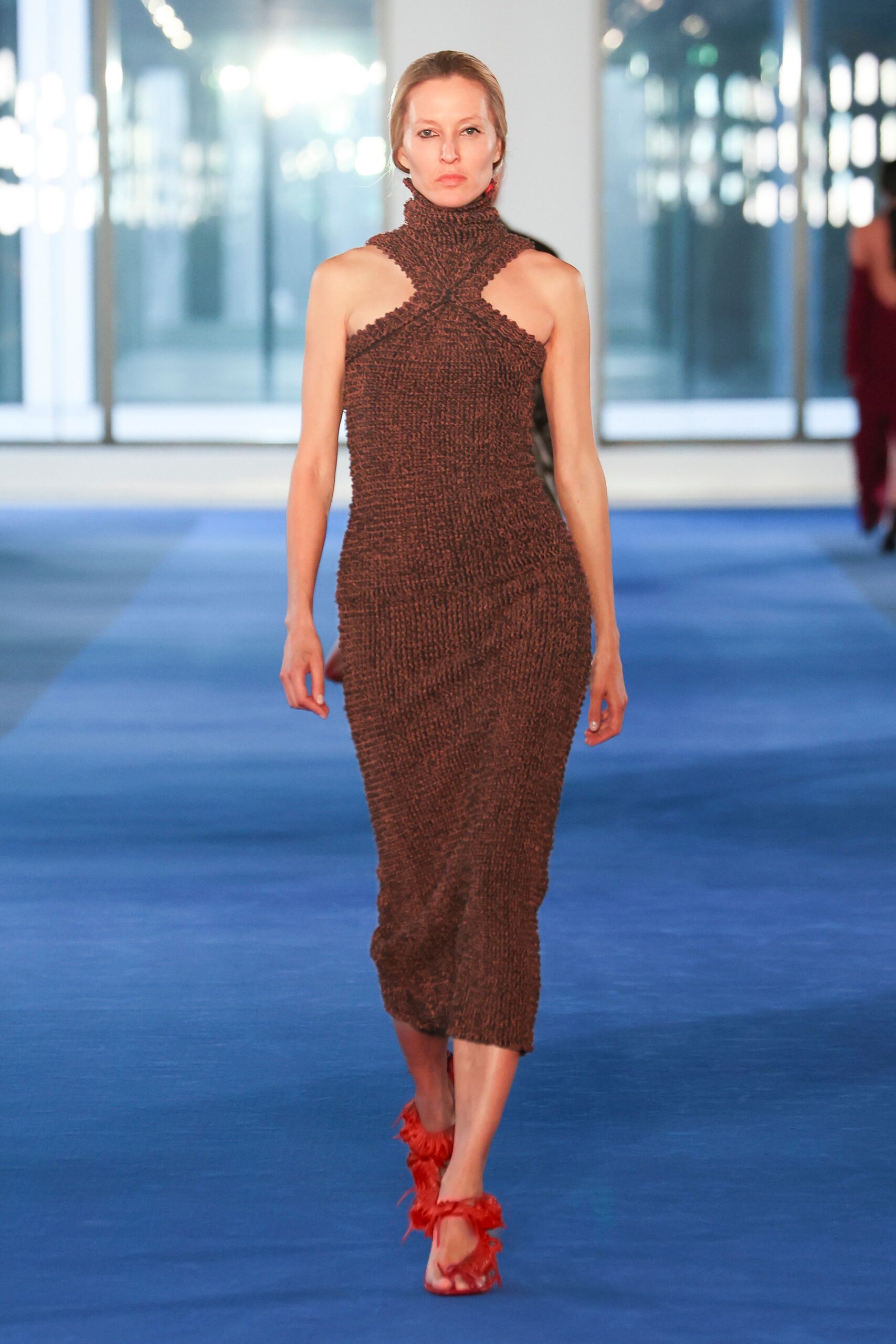 brown cotton sleeveless high-neck fitted ribbed midi dress