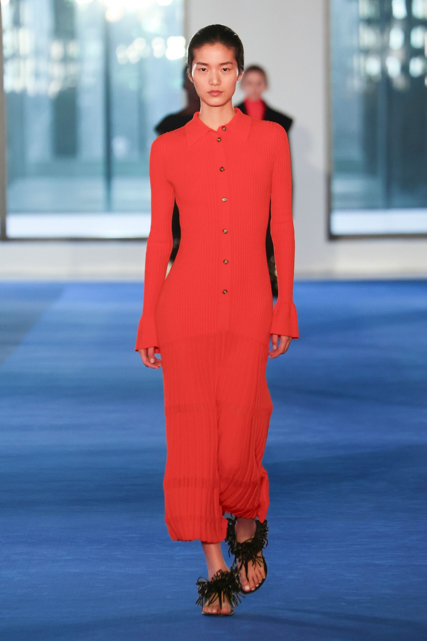 red cotton long-sleeve collared fitted buttoned ribbed dress