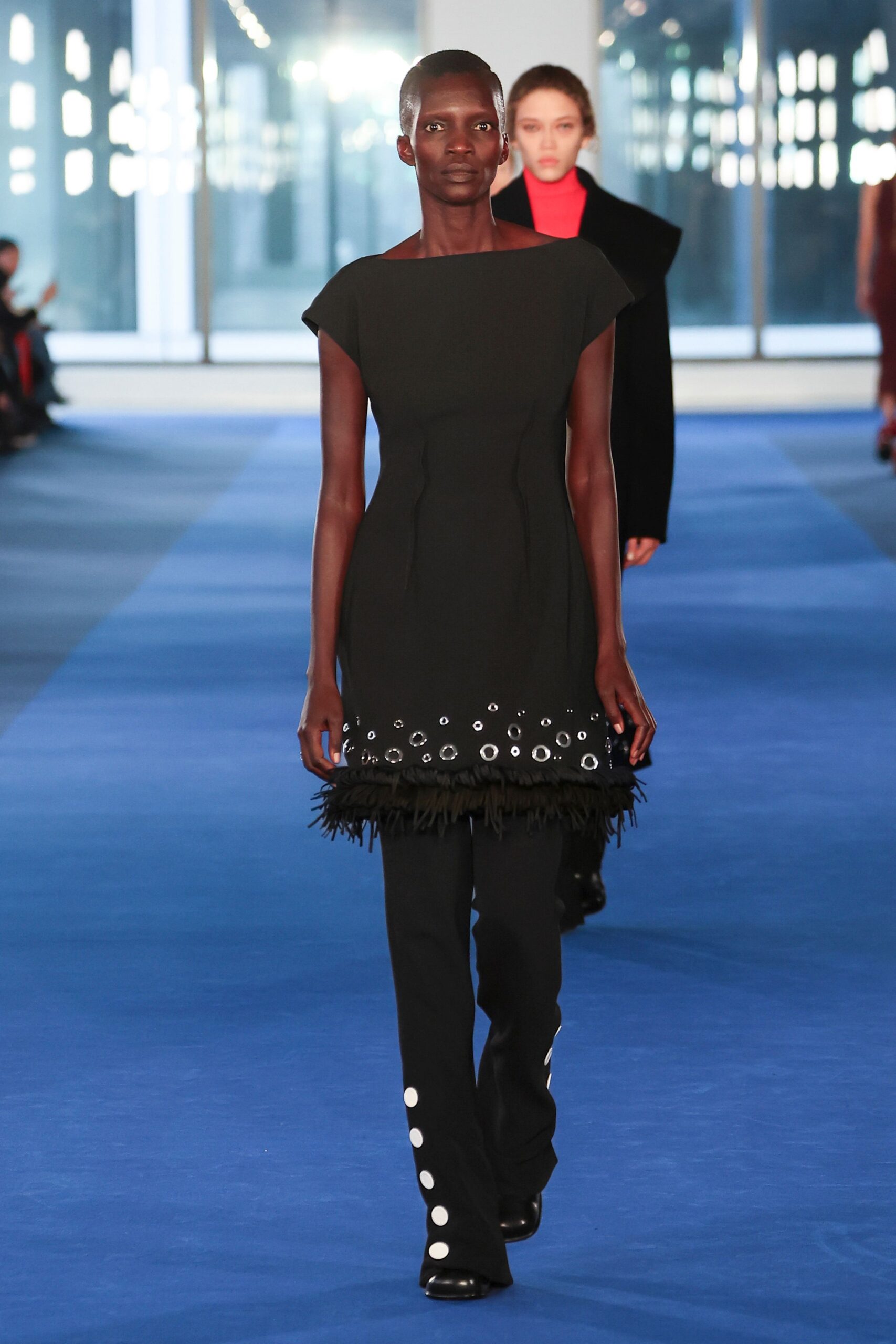 black cotton sleeveless high-neck fitted ruffled embellished dress