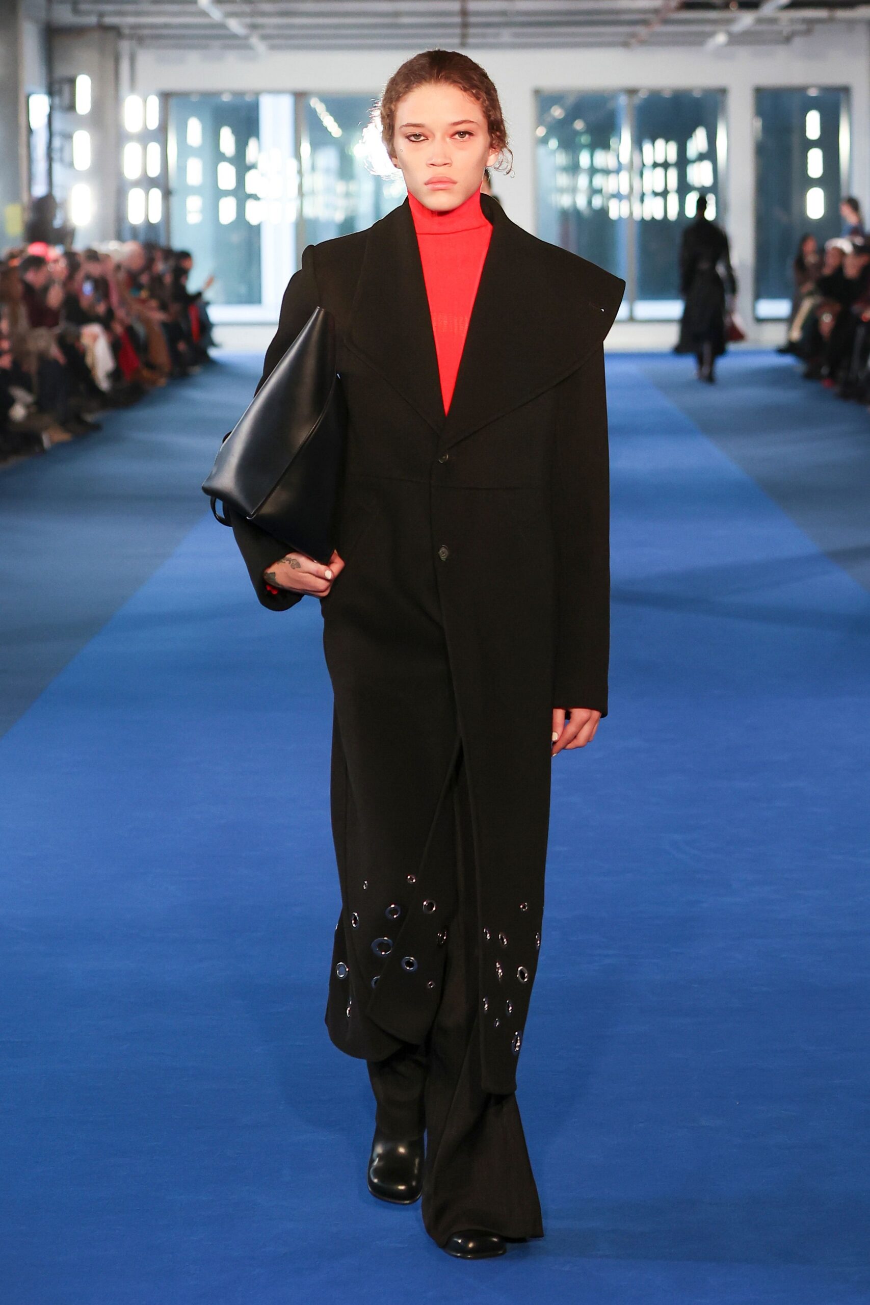 black wool long-sleeve collared fitted buttoned layered coat