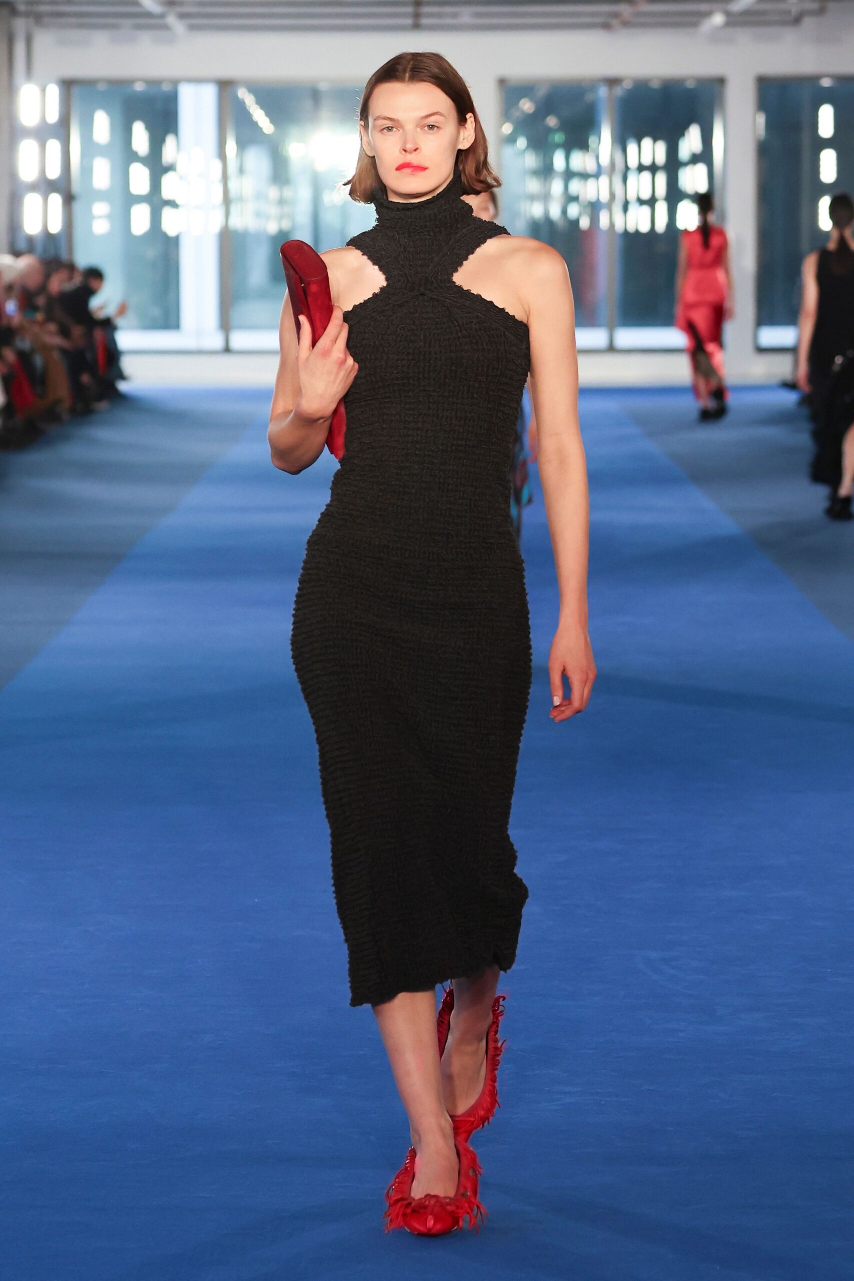 black cotton sleeveless high-neck fitted ribbed midi dress