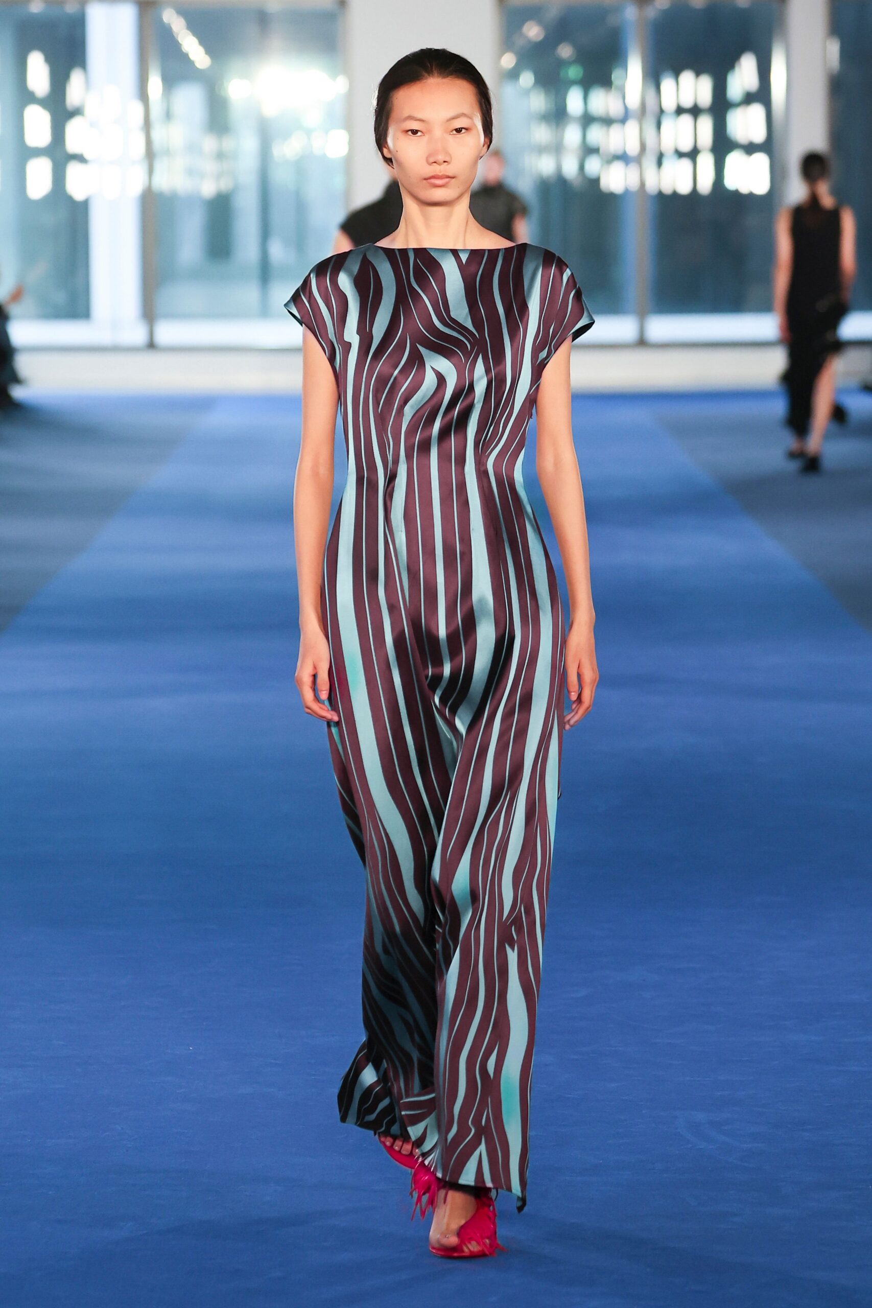 blue silk short-sleeve high-neck relaxed printed flowing gown
