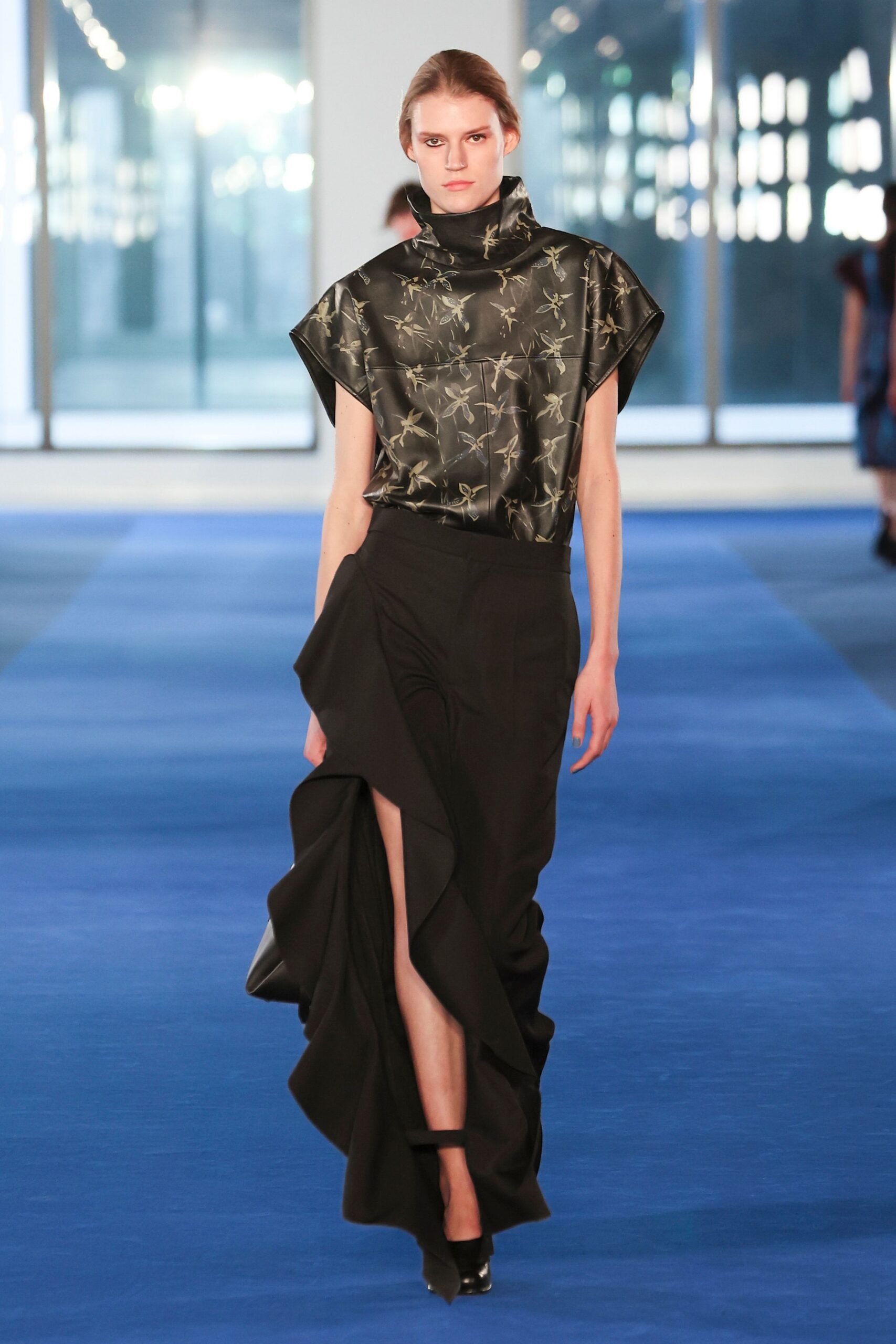 black silk asymmetric slit fitted layered ruffled skirt