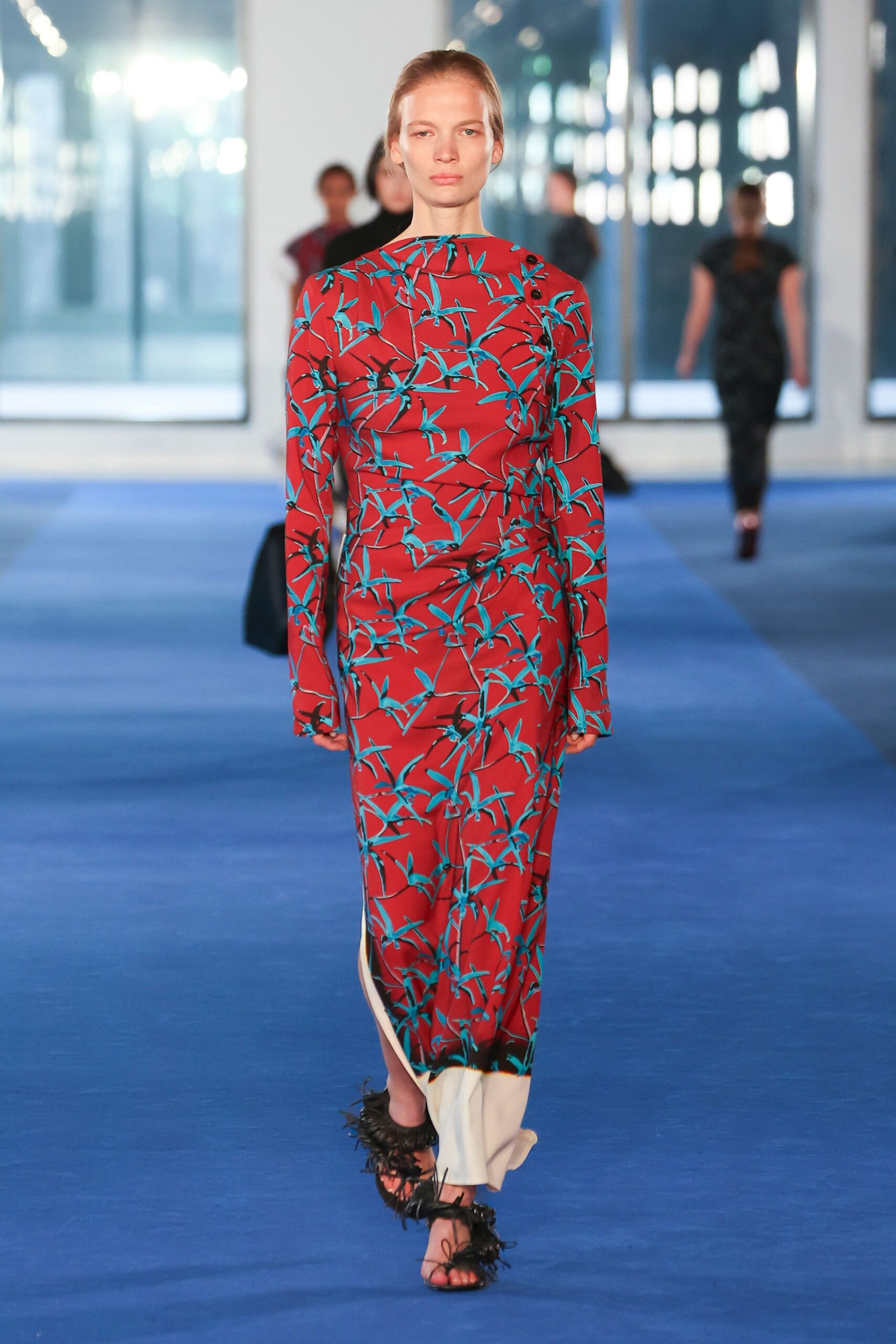 red silk long-sleeve high-neck fitted printed midi dress