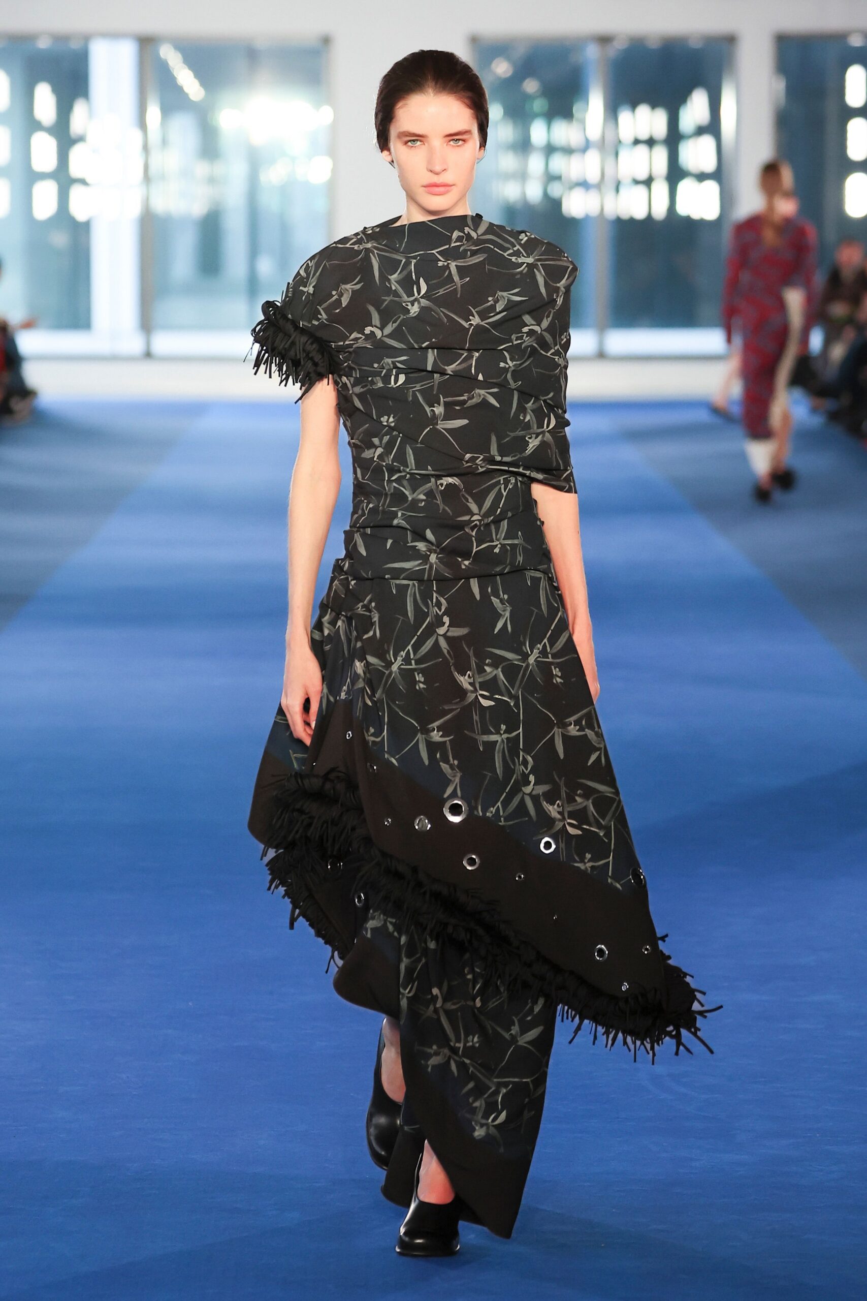 black silk sleeveless v-neck fitted ruffled layered dress