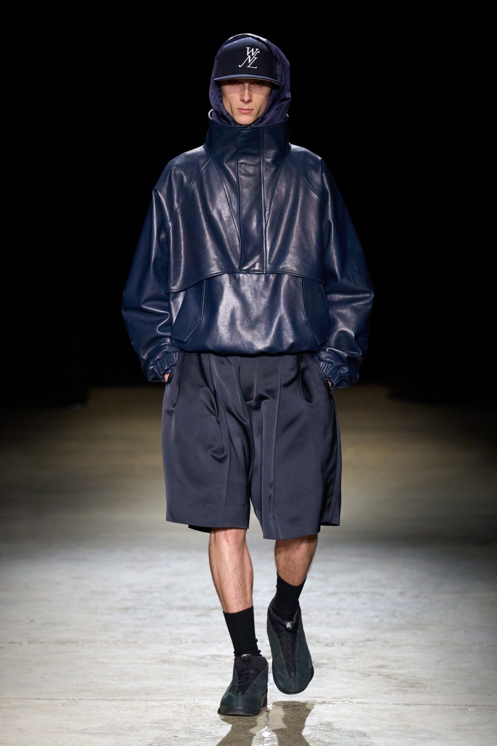 blue leather long-sleeve hooded oversized hoodie