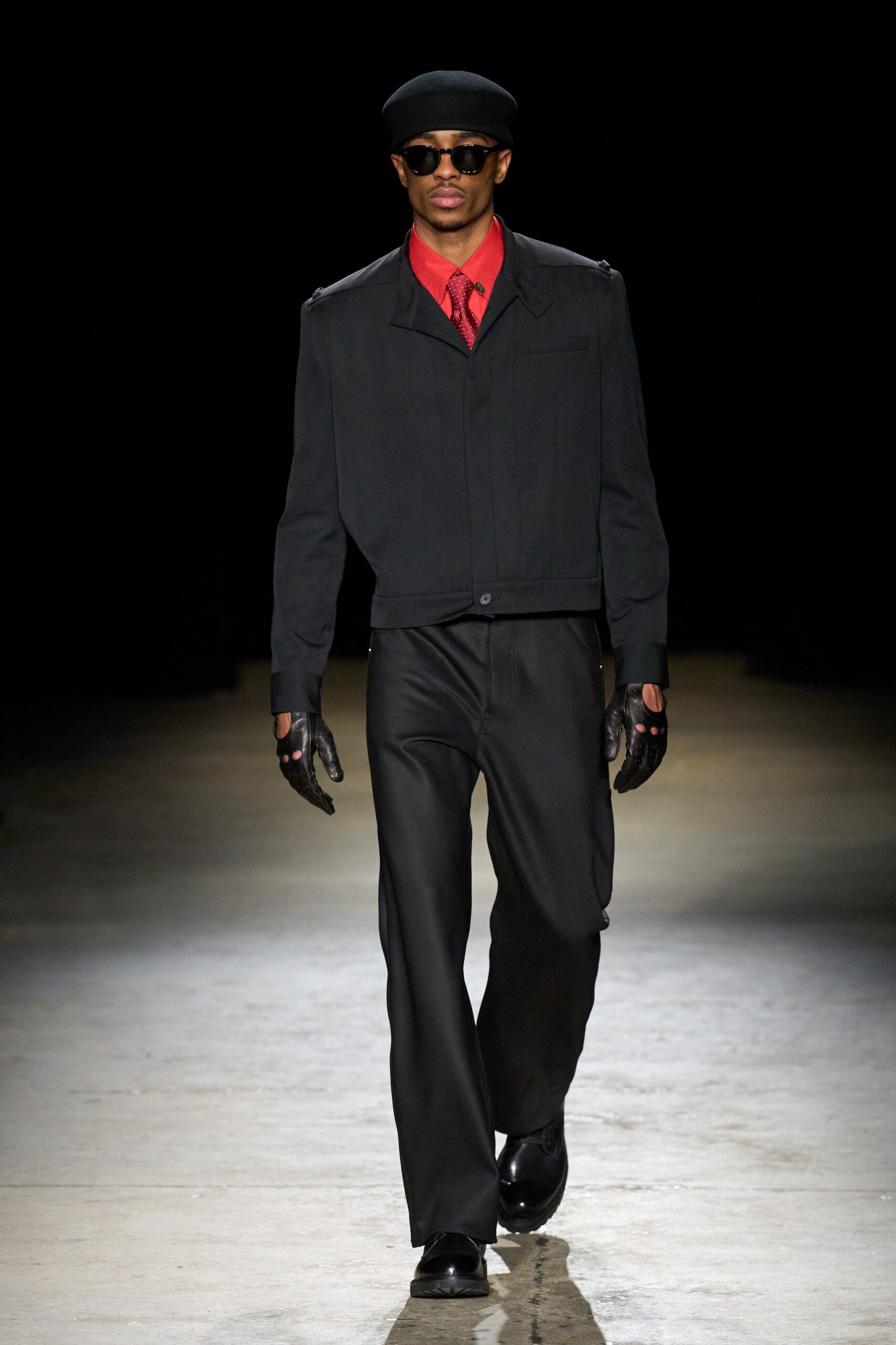 black jacket red shirt outfit