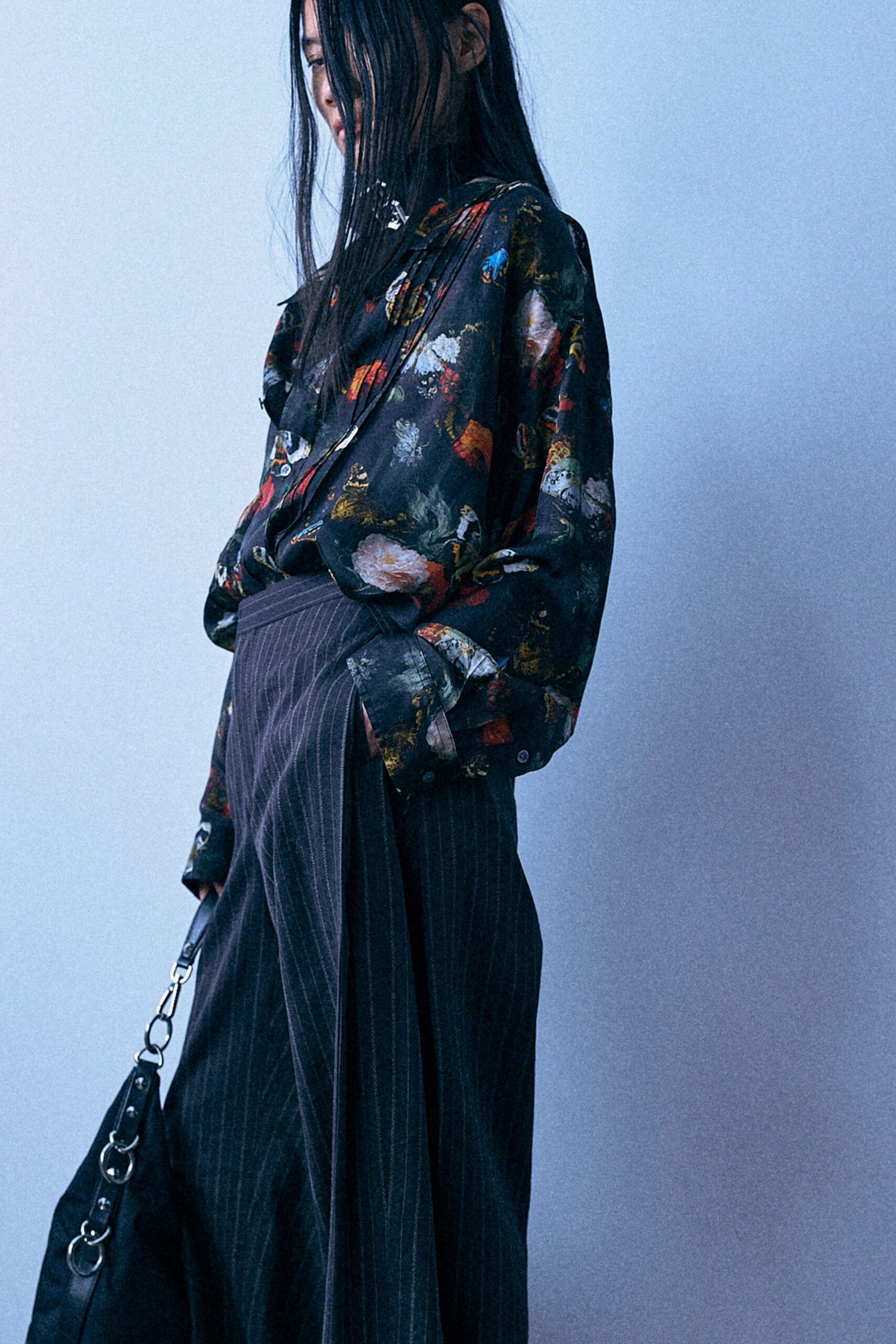 black silk long-sleeve collared relaxed printed shirt