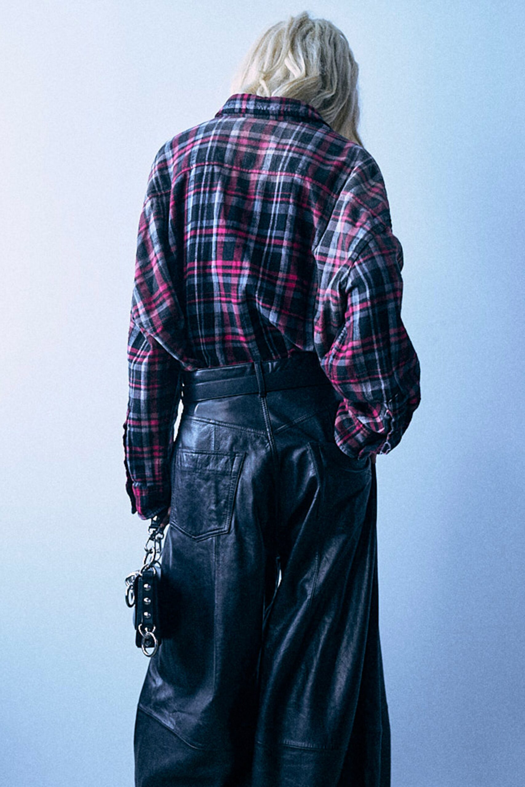 red cotton long-sleeve collared oversized checked shirt