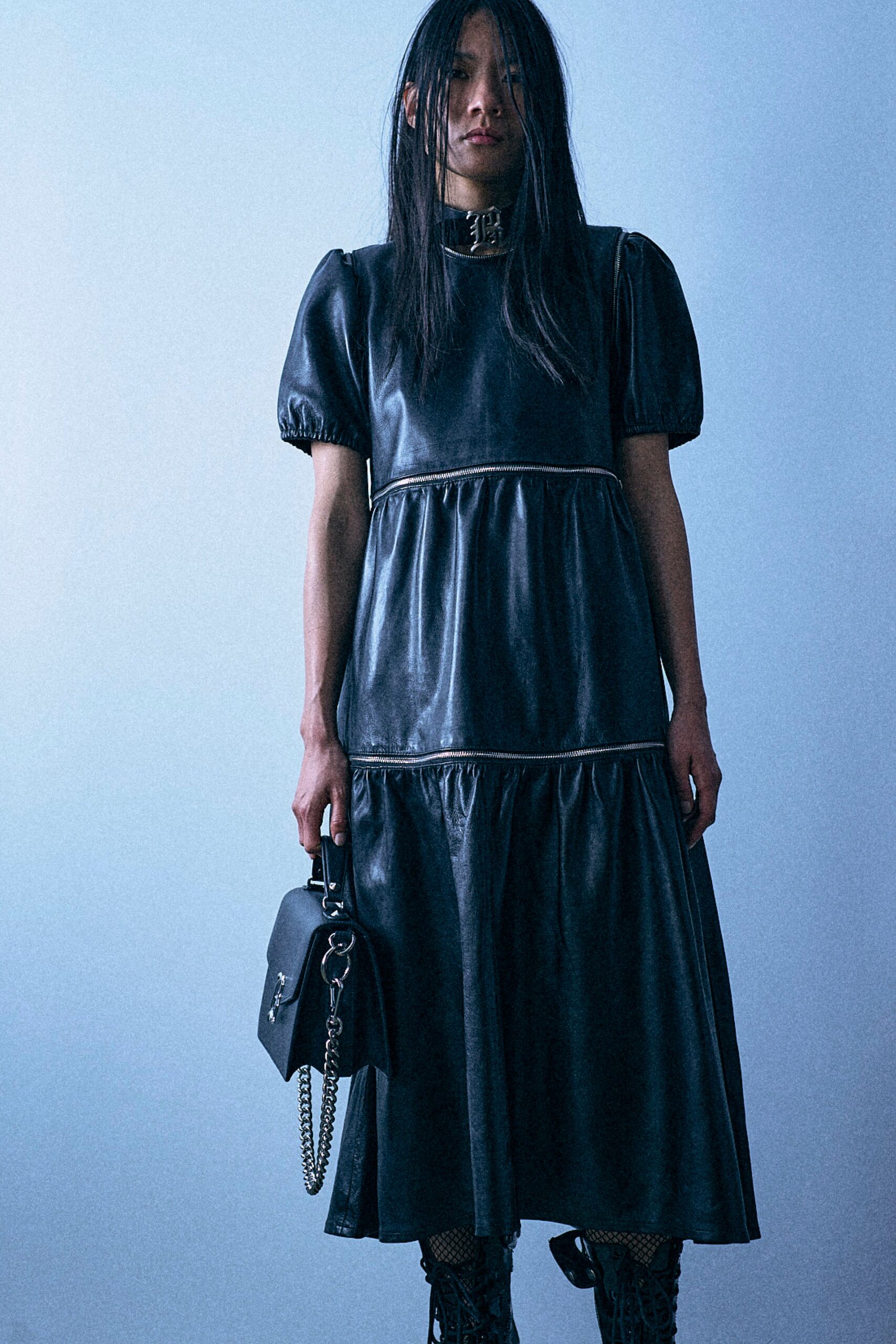 black leather short-sleeve v-neck fitted tiered midi dress