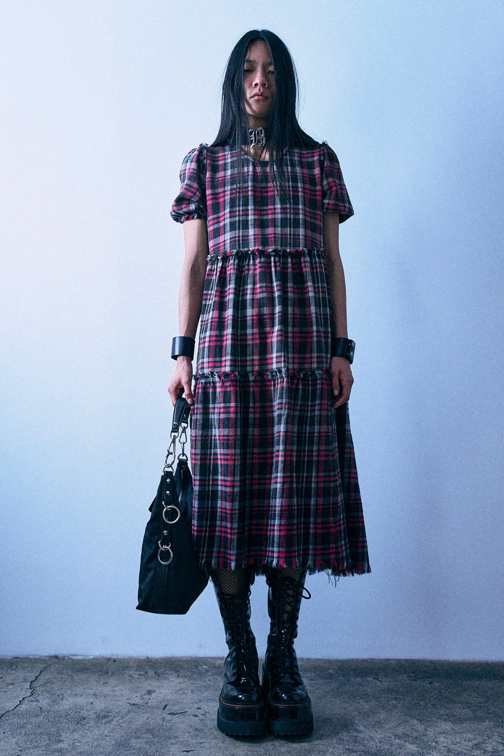 black cotton short-sleeve v-neck relaxed checked tiered dress