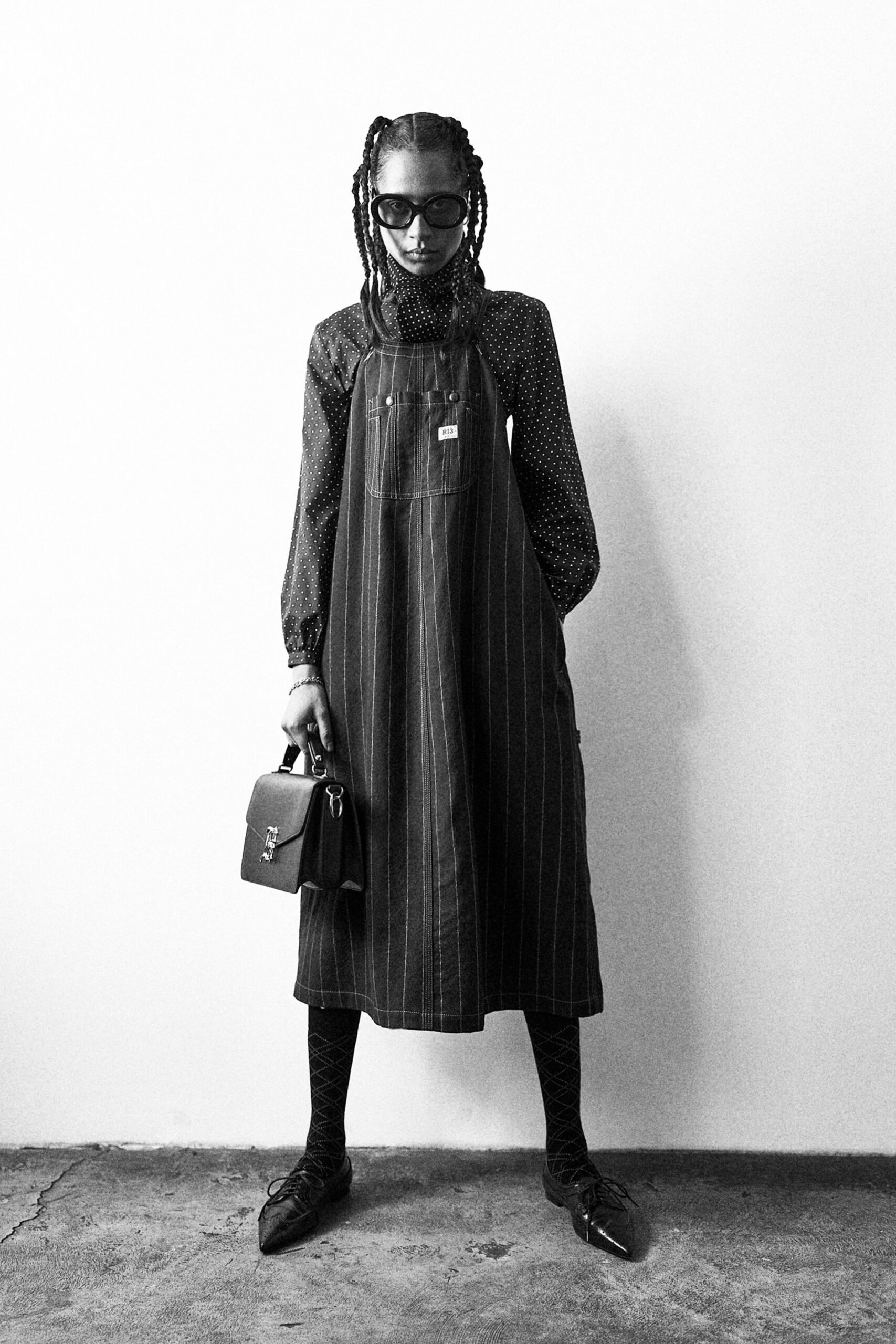 black cotton long-sleeve collared relaxed striped midi dress