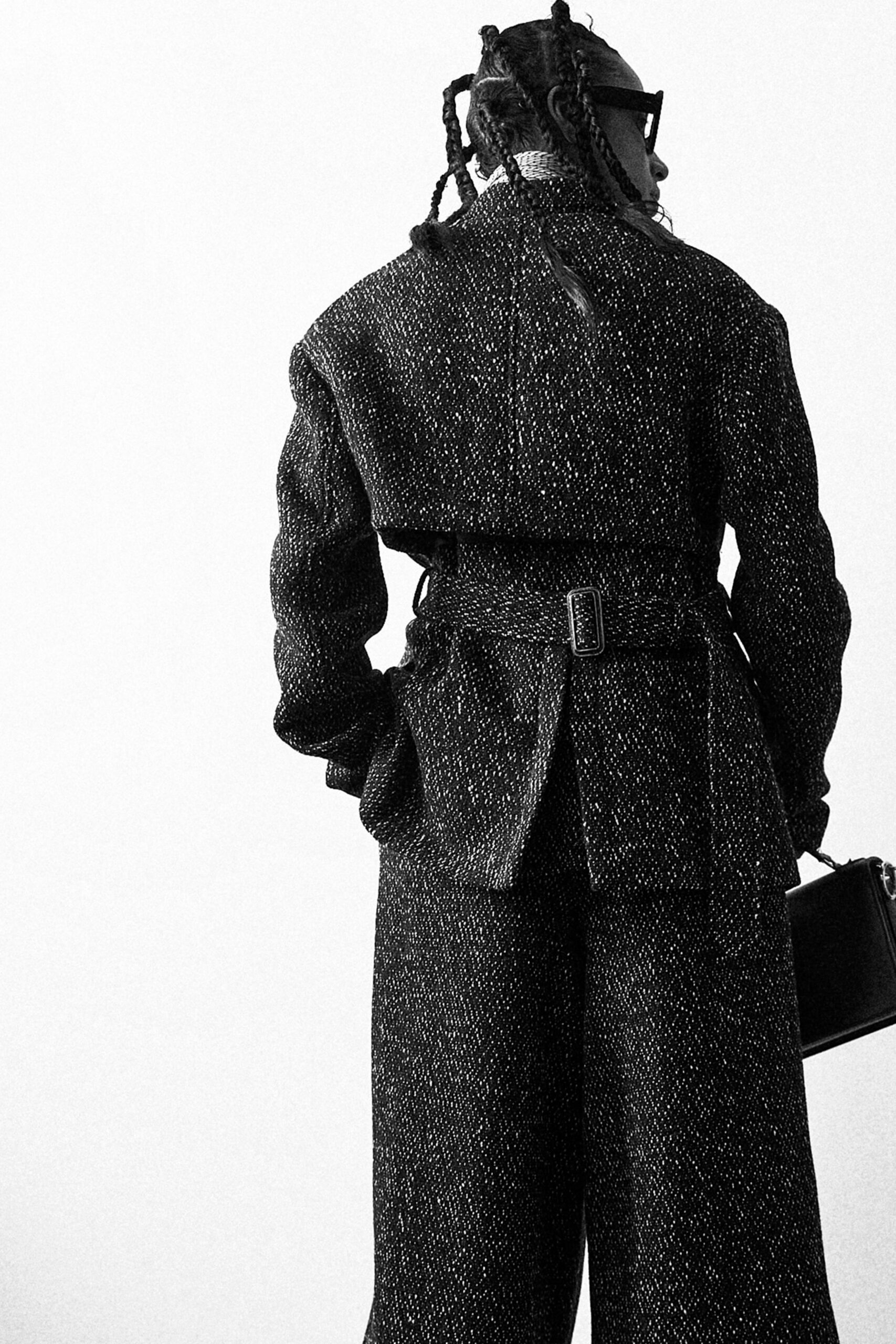 black tweed long-sleeve collared structured belted blazer