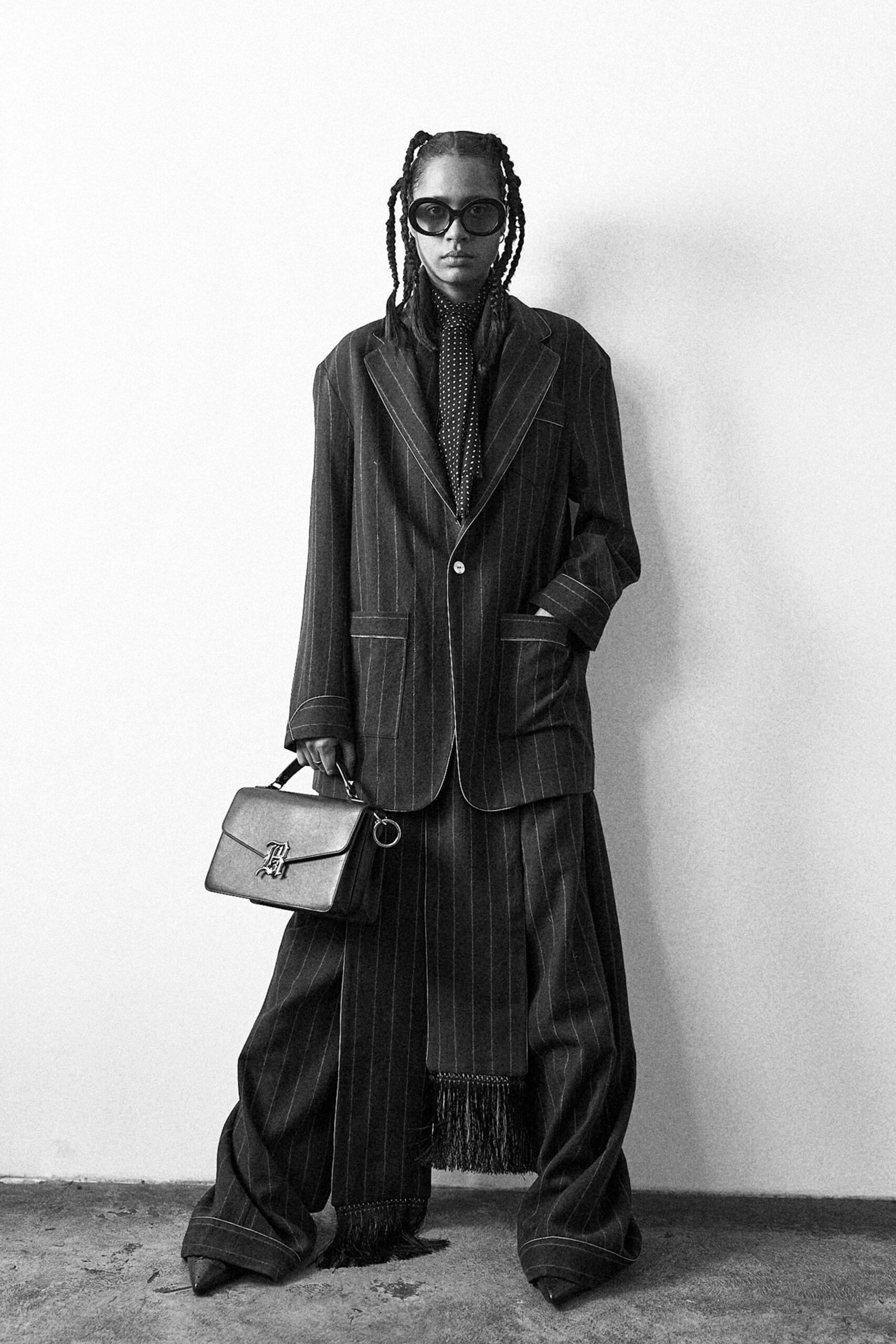 black wool oversized striped flared pants