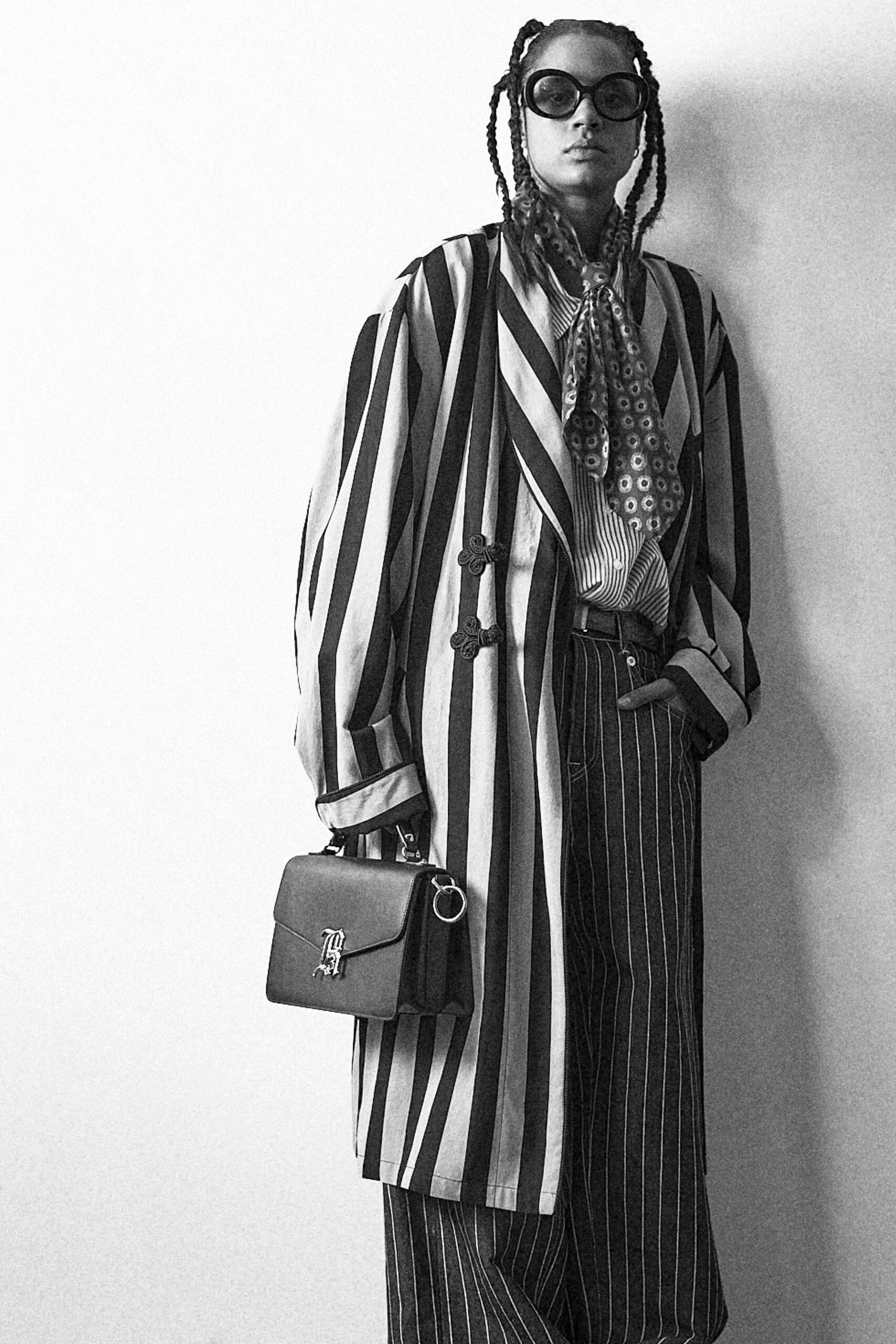 black cotton long-sleeve collared relaxed striped buttoned coat