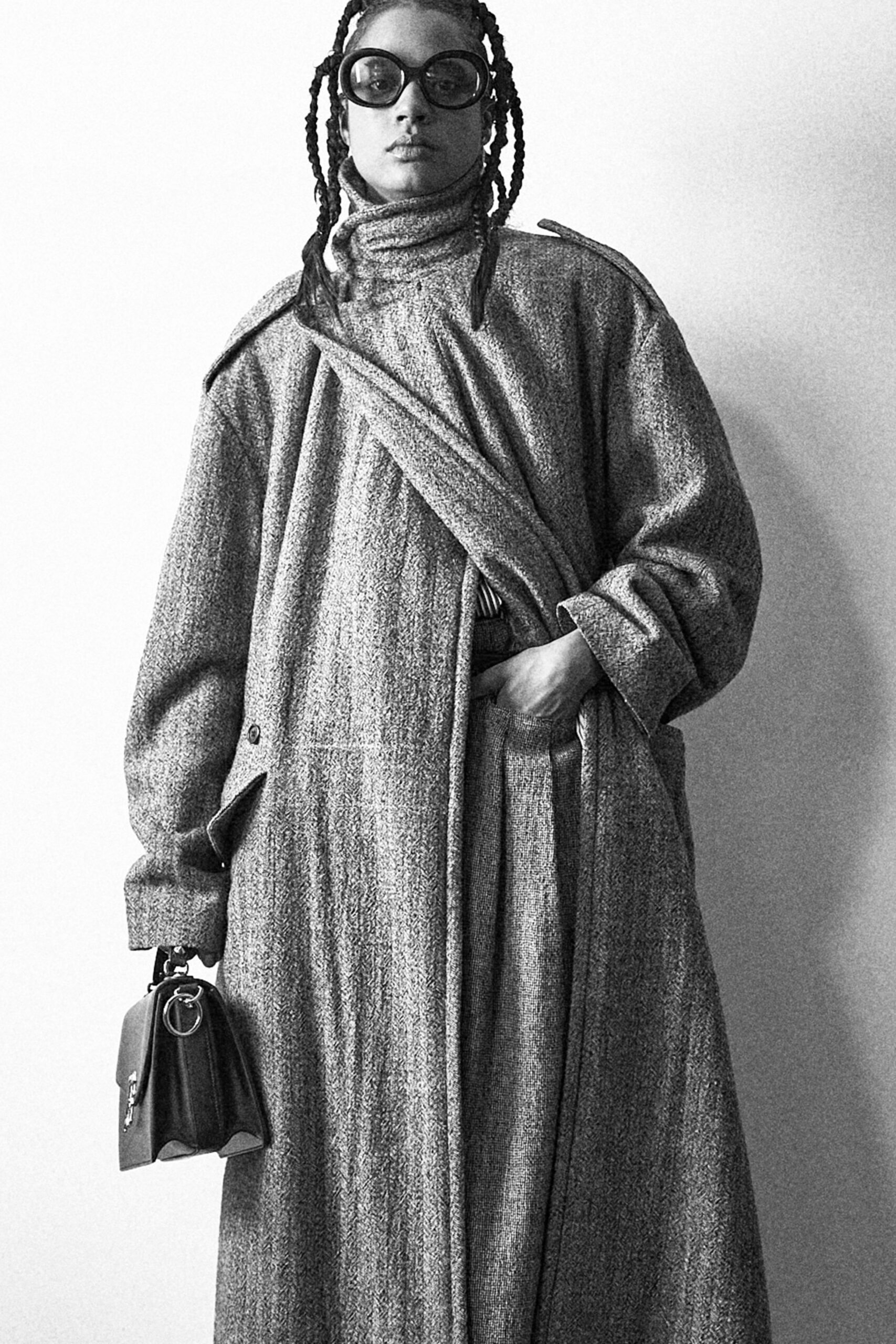 gray wool long-sleeve high-neck relaxed belted layered coat
