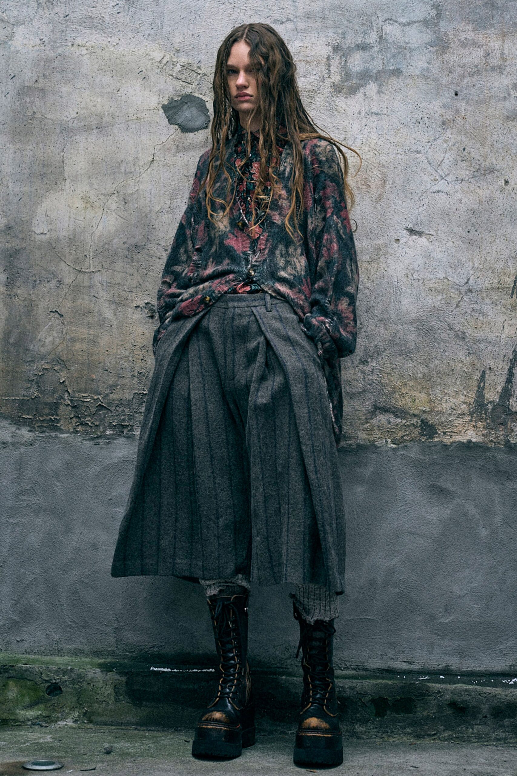 black cotton long-sleeve collared relaxed floral layered shirt