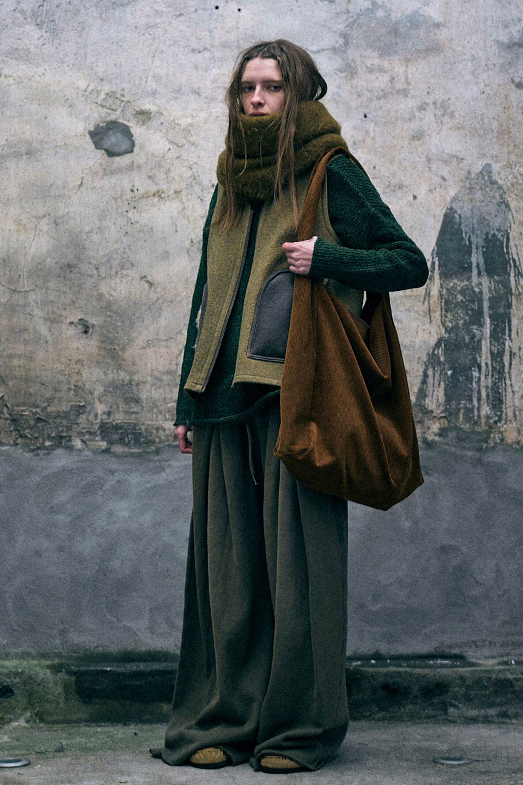 green wool long-sleeve high-neck relaxed layered sweater