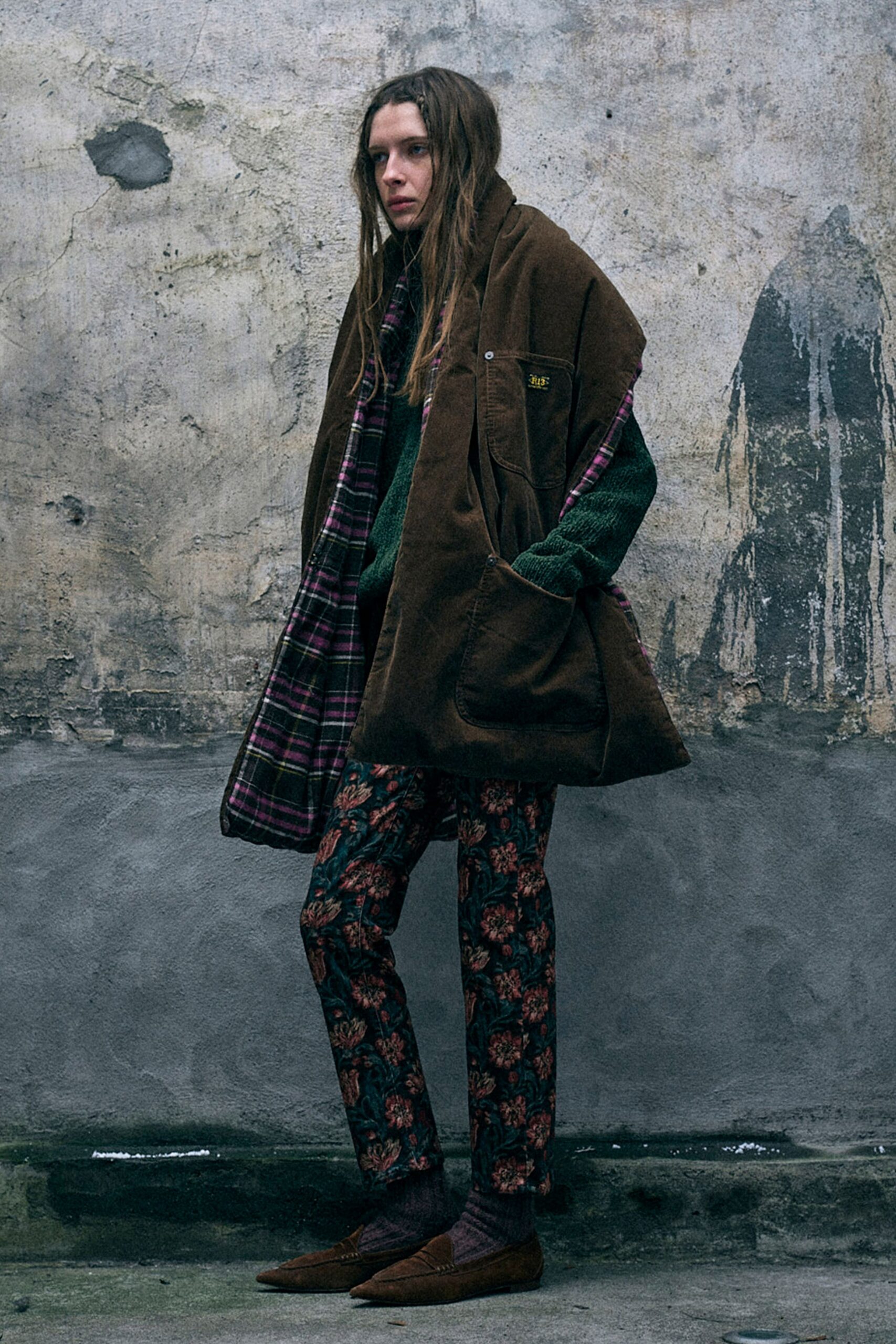 brown wool long-sleeve oversized layered coat