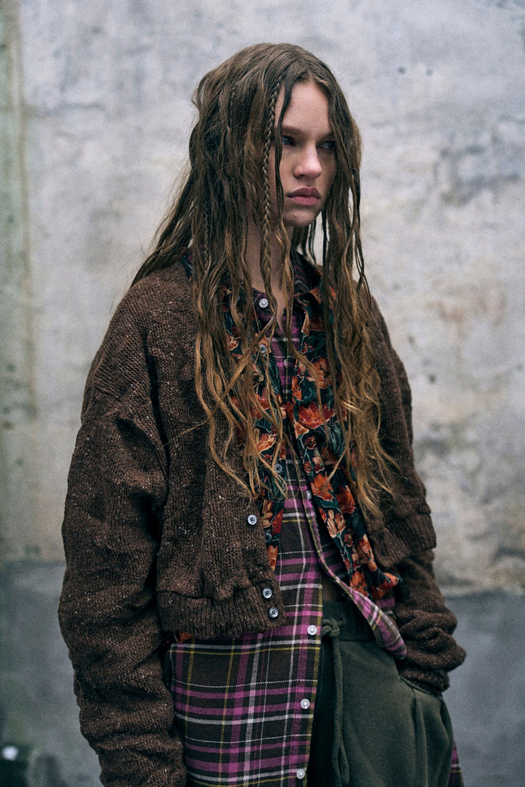 brown wool long-sleeve collared oversized textured cardigan