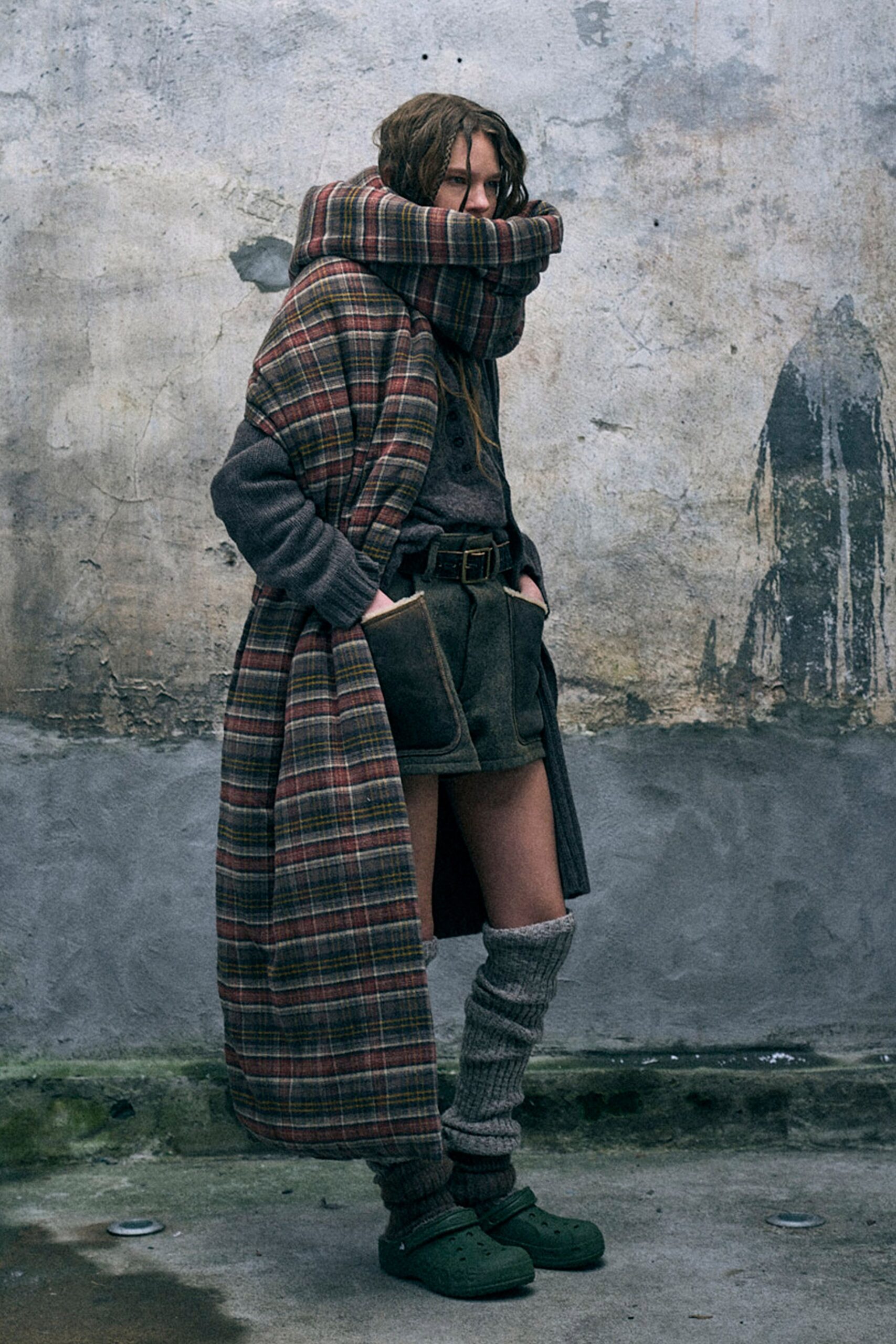 gray wool long-sleeve collared relaxed checked maxi coat