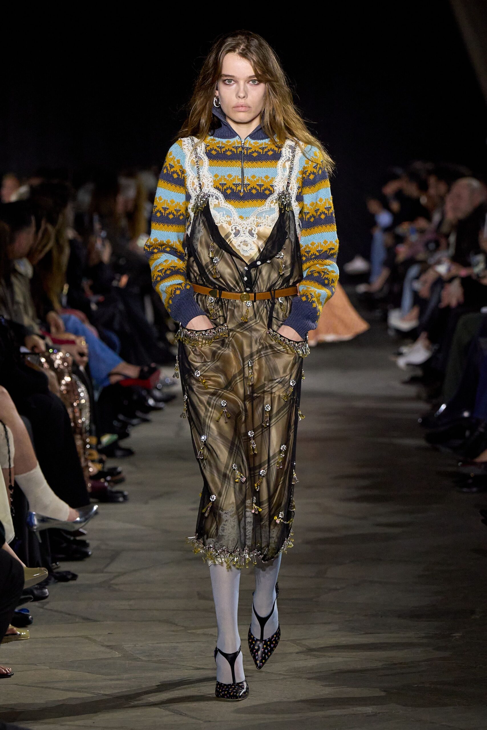 blue wool long-sleeve collared relaxed printed sweater