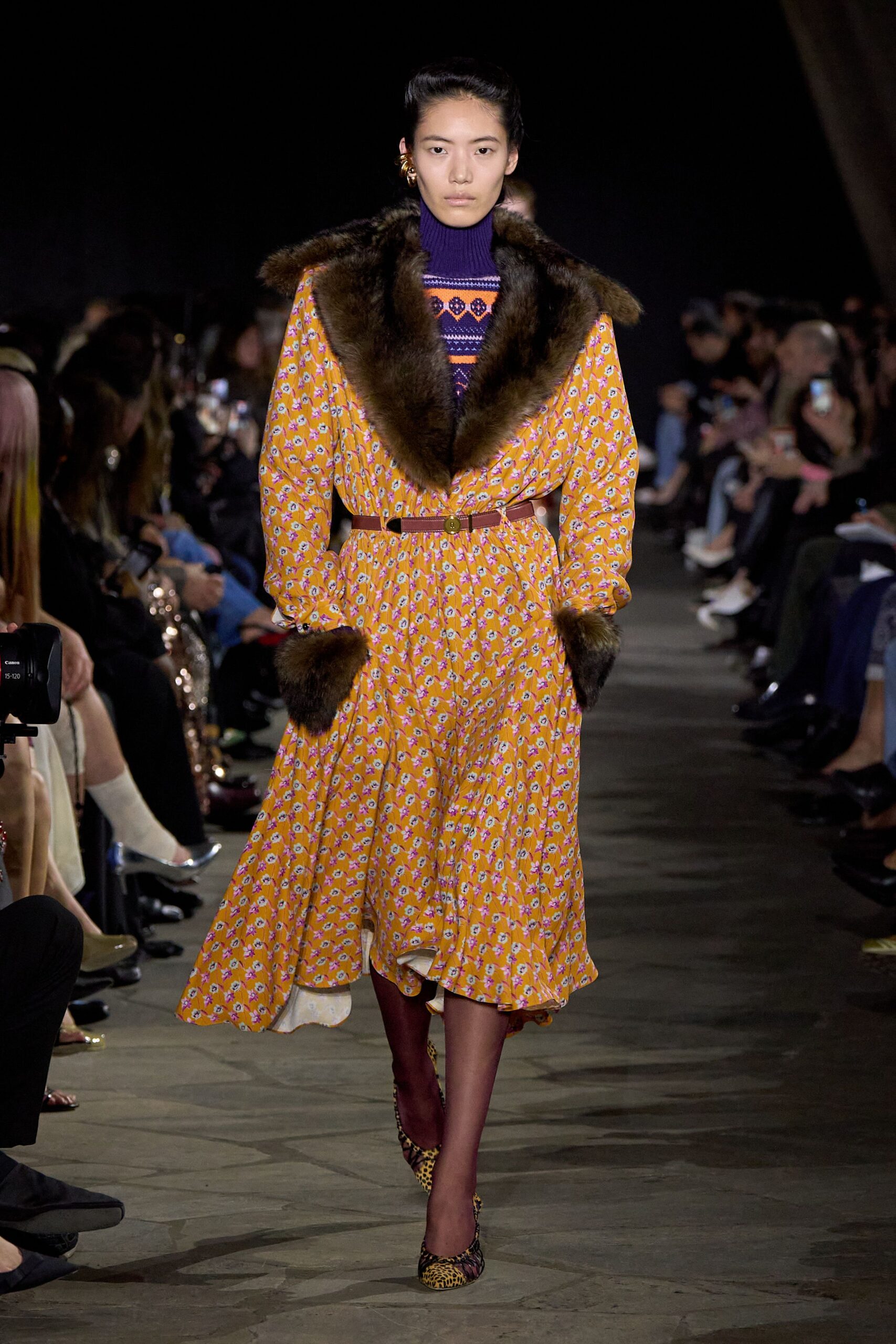 orange silk long-sleeve collared fitted floral belted dress
