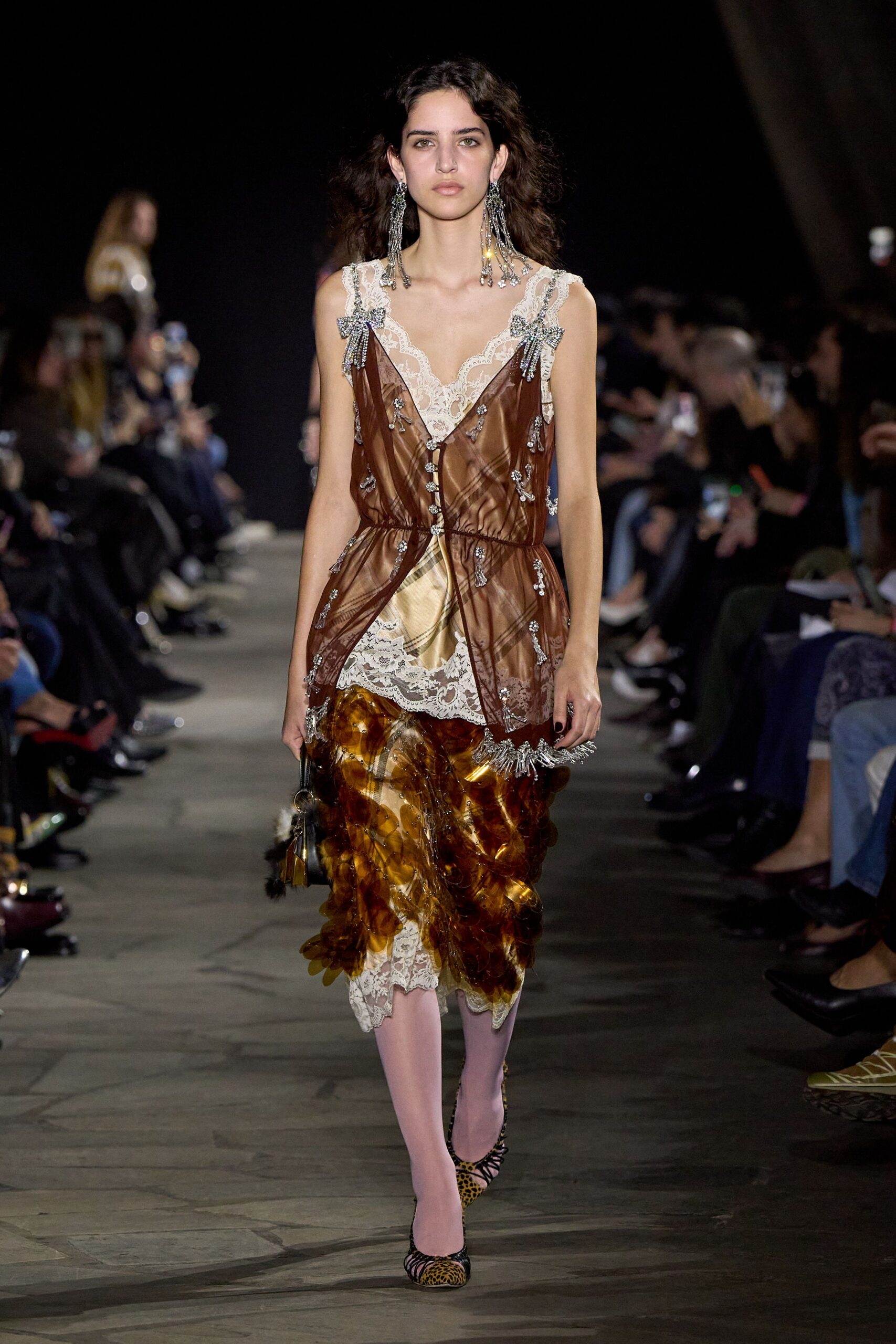 brown silk sleeveless v-neck fitted layered embroidered dress