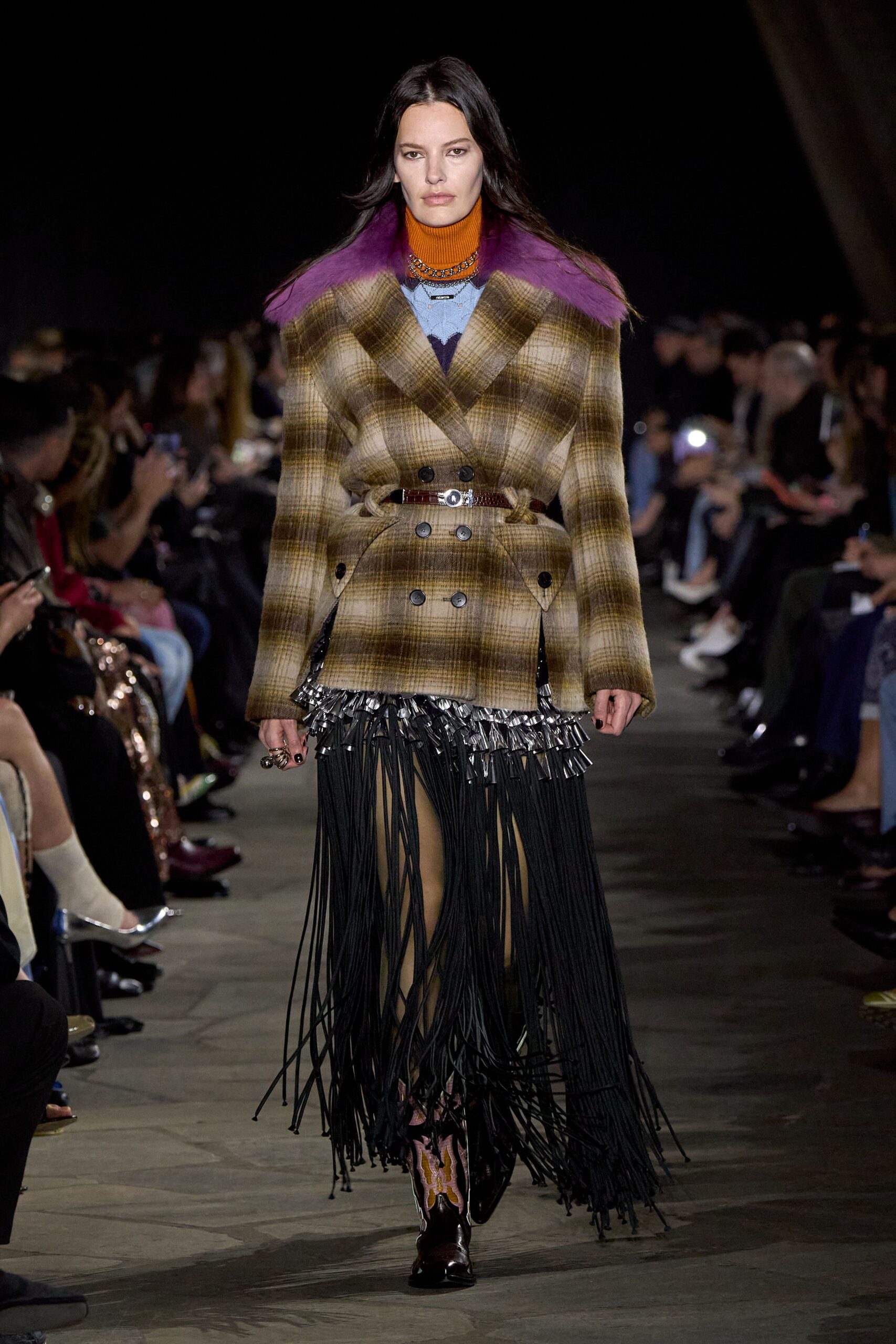 brown wool long-sleeve collared oversized checked fringed coat