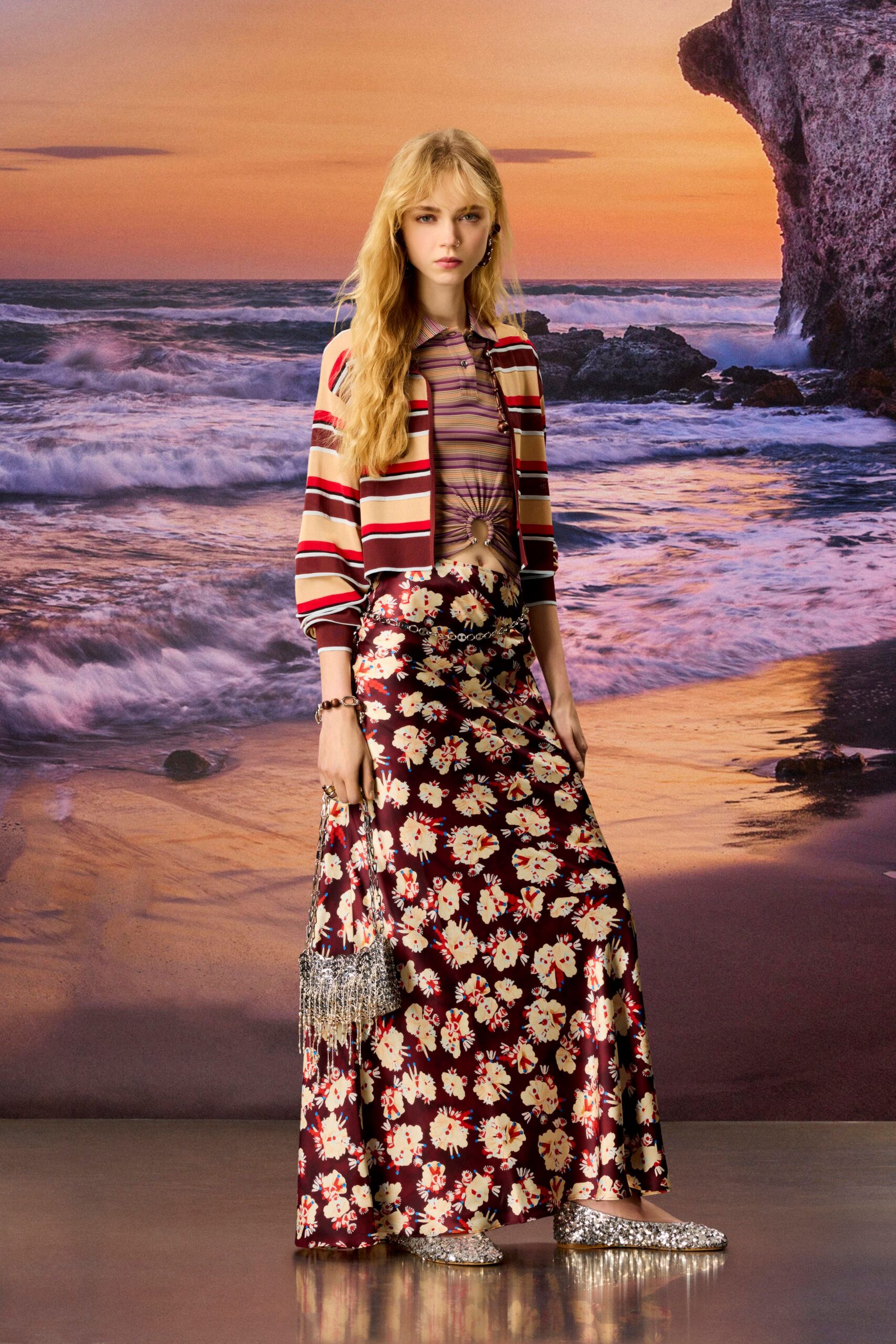 red silk relaxed floral flared maxi skirt