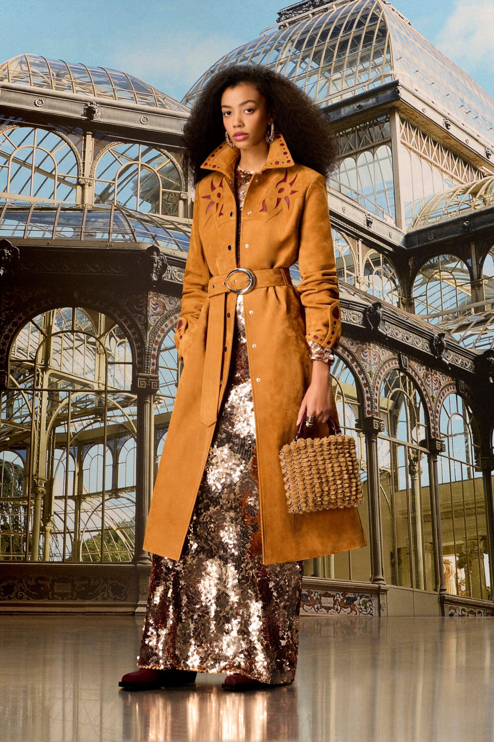 brown suede long-sleeve collared fitted belted coat