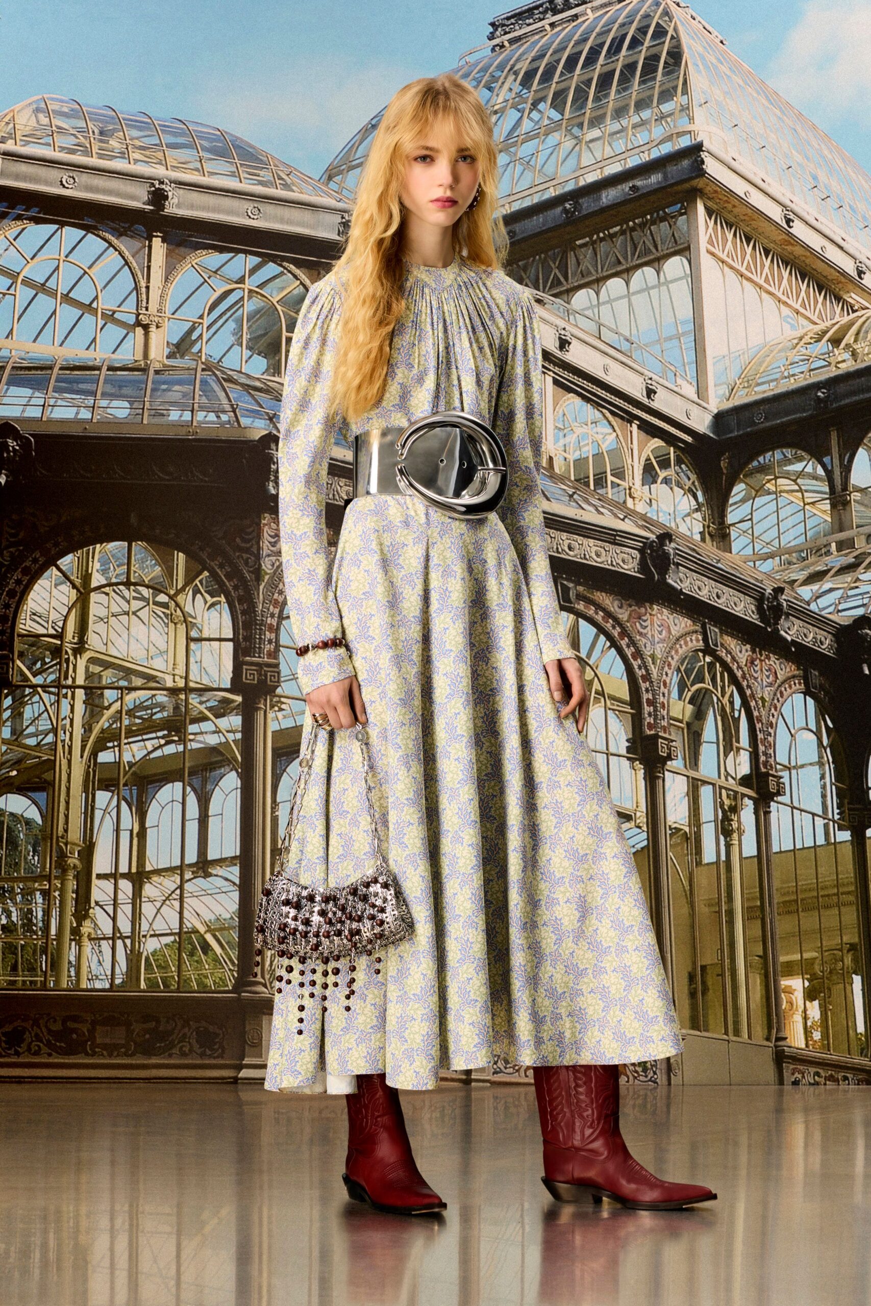 yellow cotton long-sleeve collared relaxed pleated flared dress
