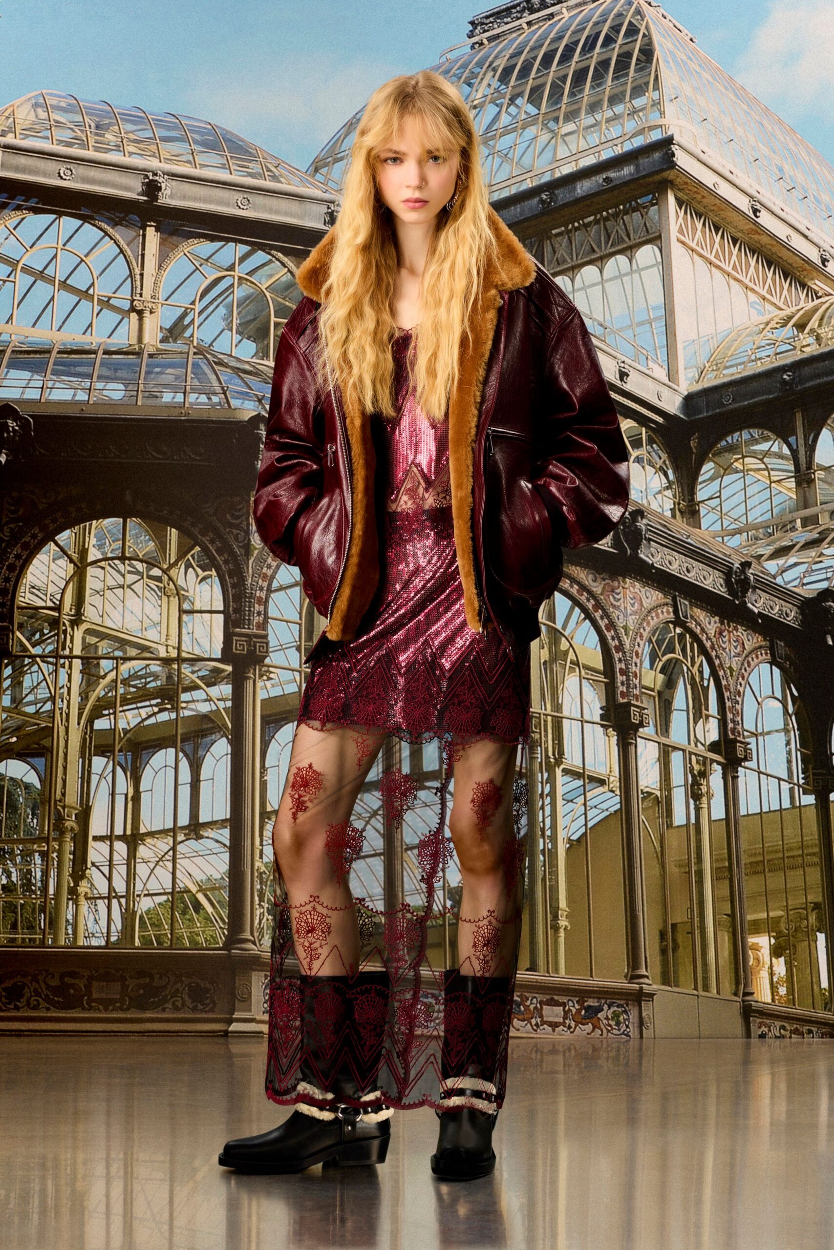 brown leather long-sleeve collared oversized jacket