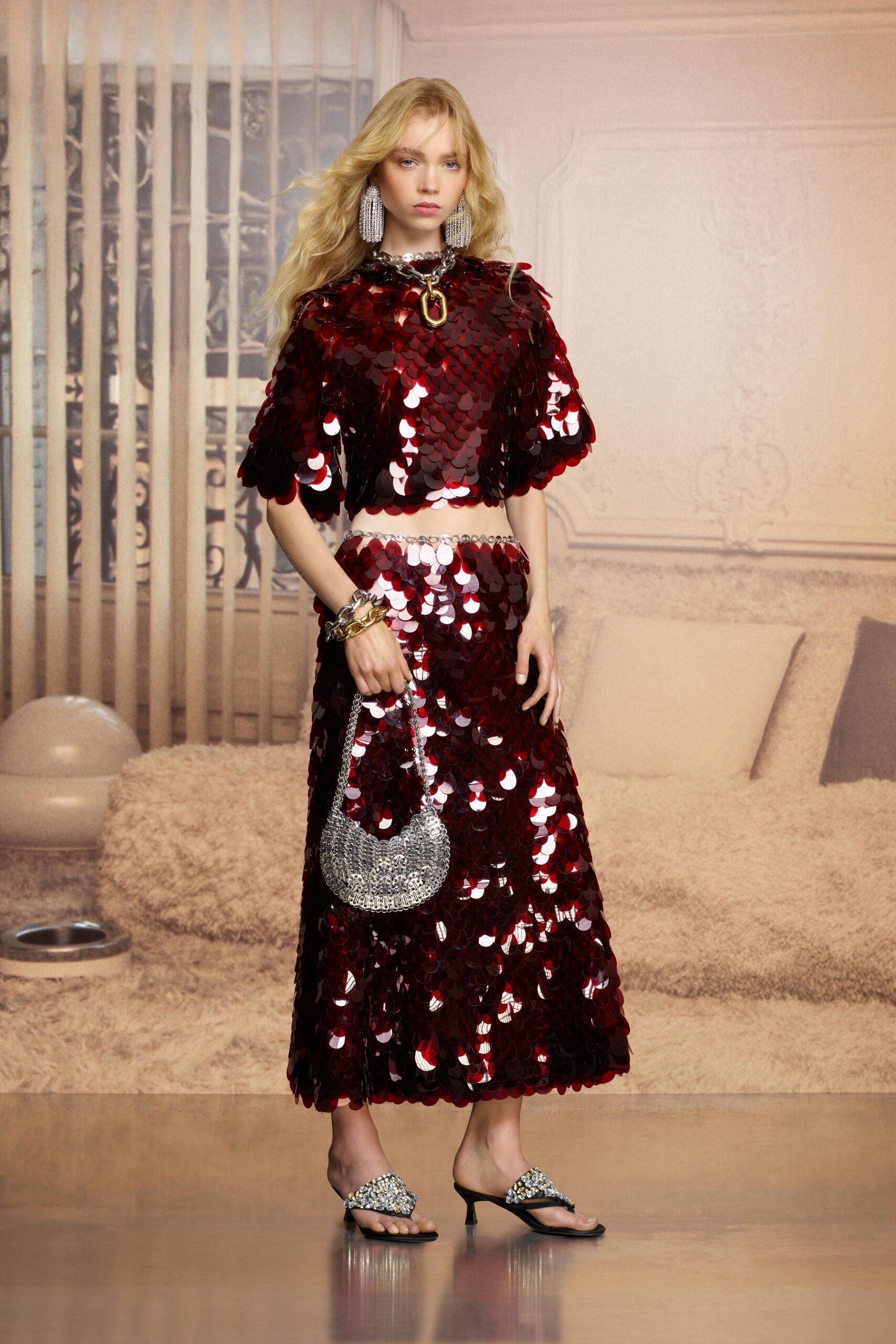 red sequin short-sleeve high-neck fitted layered shiny top