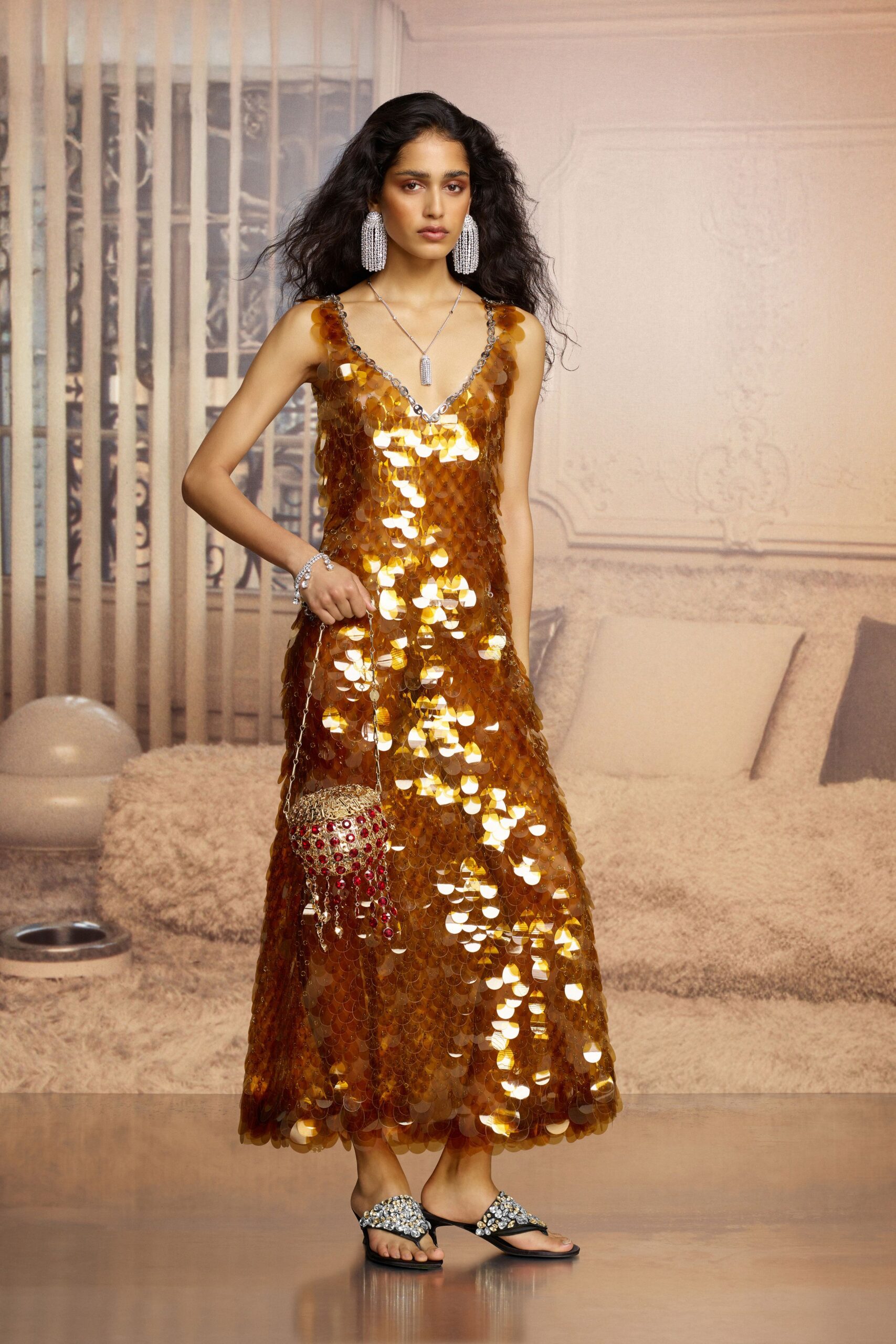 orange sequin sleeveless v-neck fitted layered embellished dress
