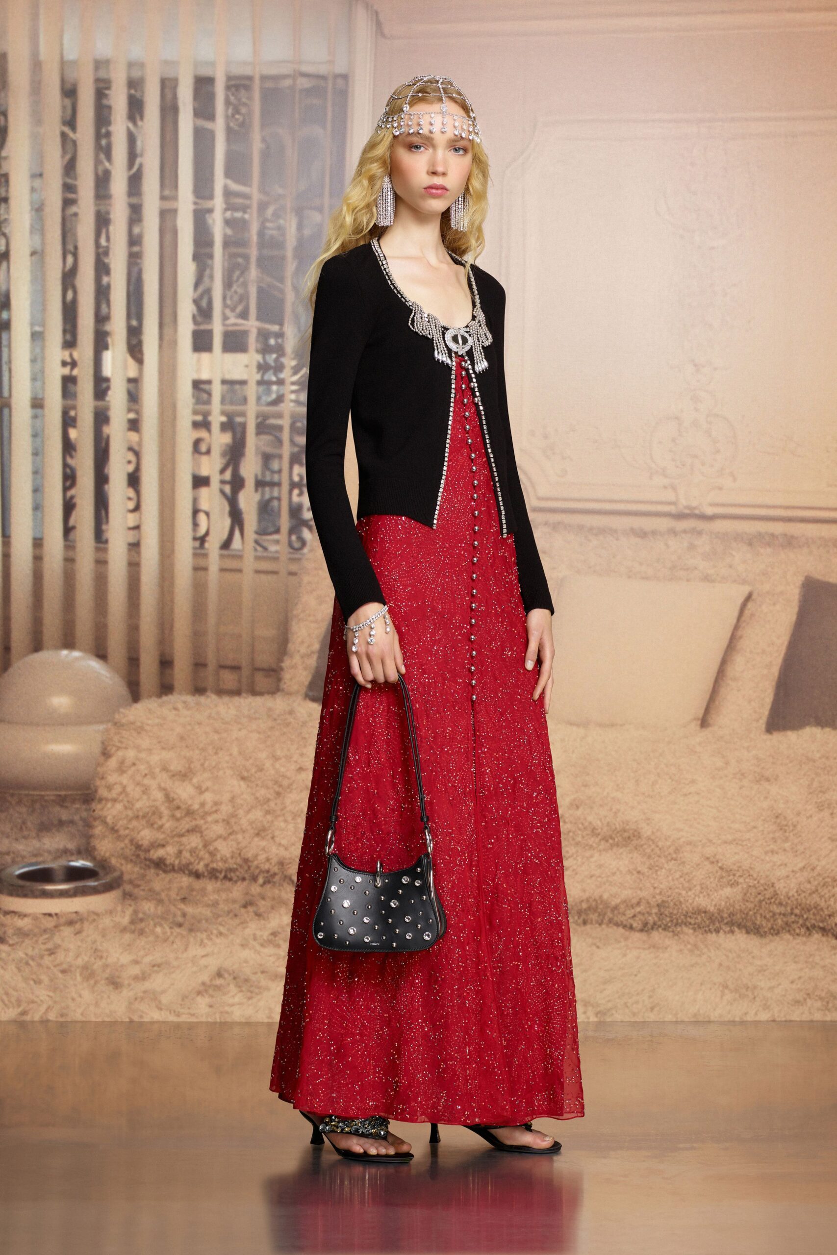 red silk sleeveless v-neck fitted sequined buttoned gown