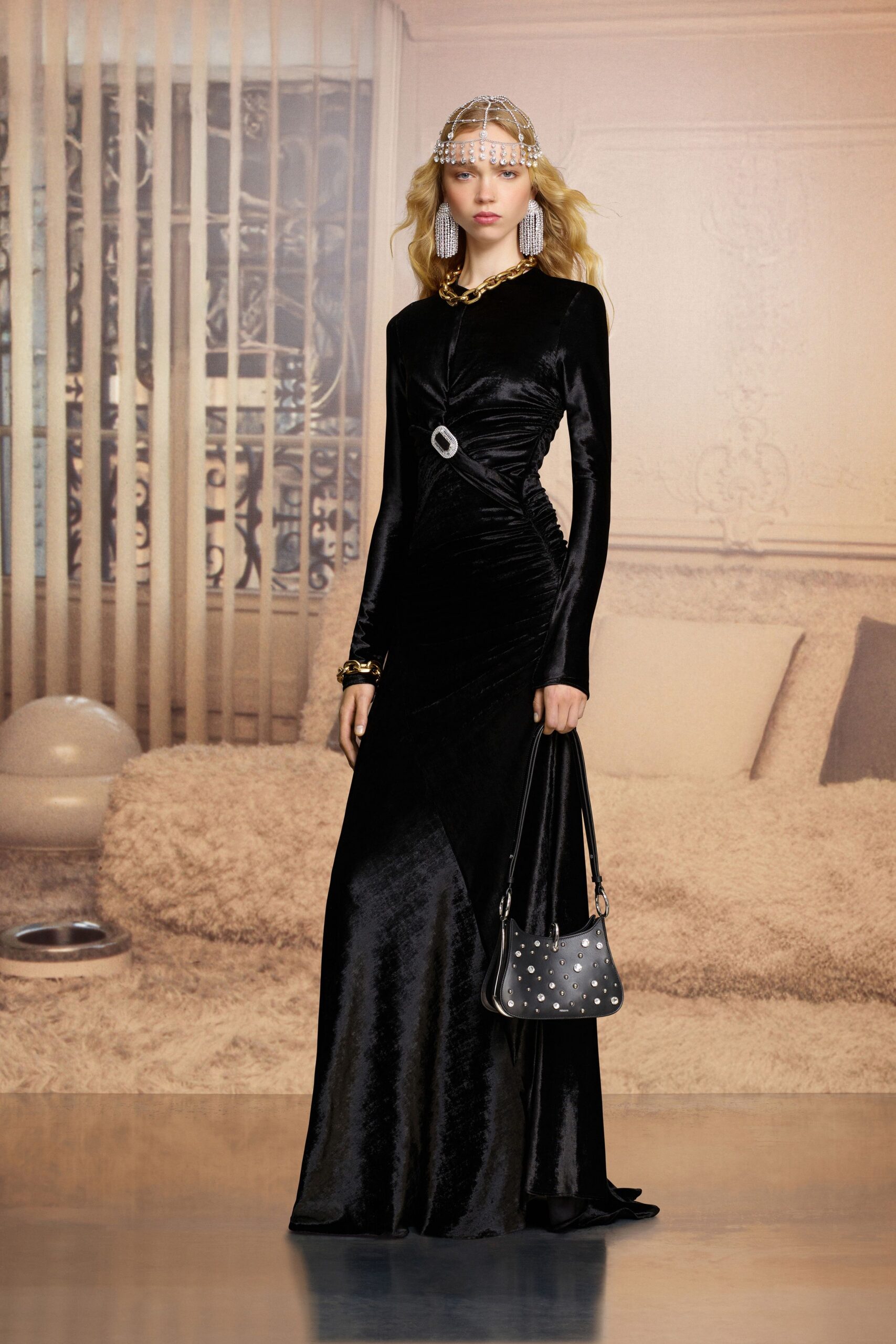 black velvet long-sleeve v-neck fitted ruched draped gown