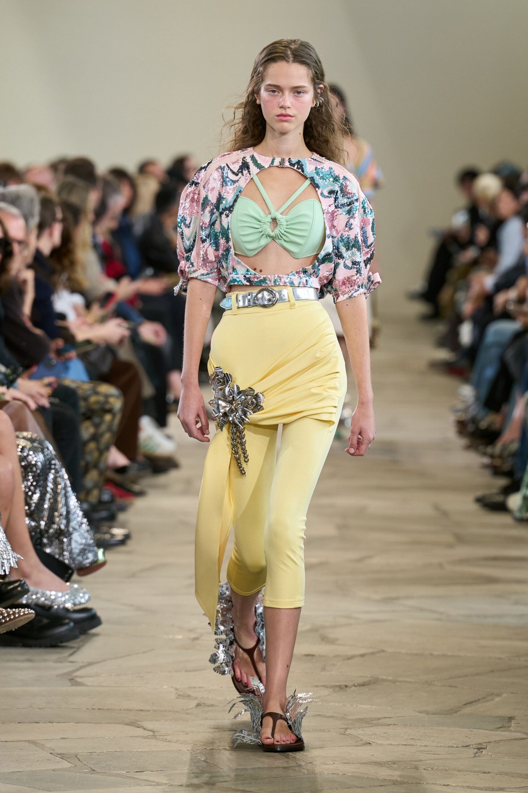 yellow cotton fitted high-waisted zippered pants