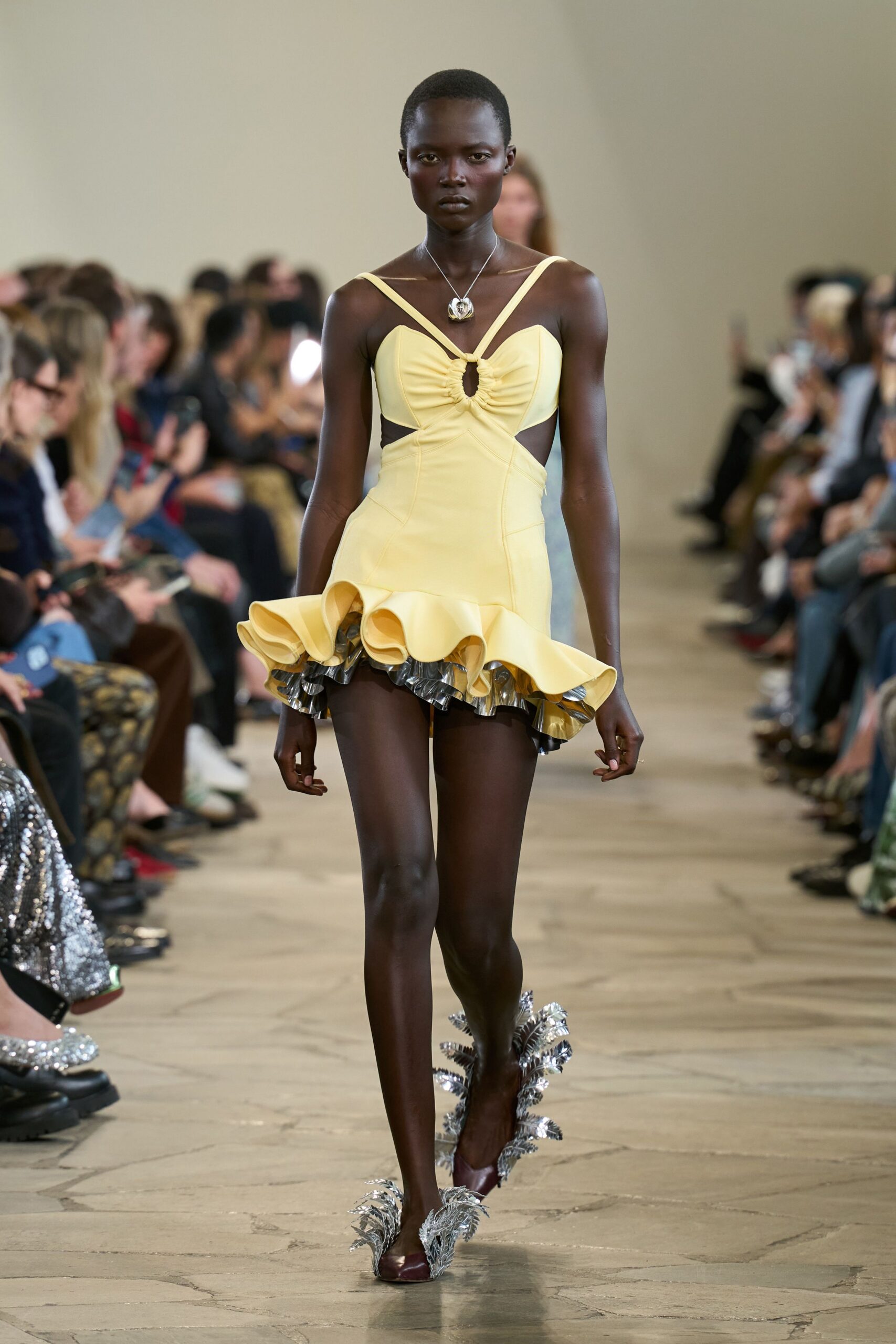 yellow silk sleeveless v-neck fitted ruffled flared dress