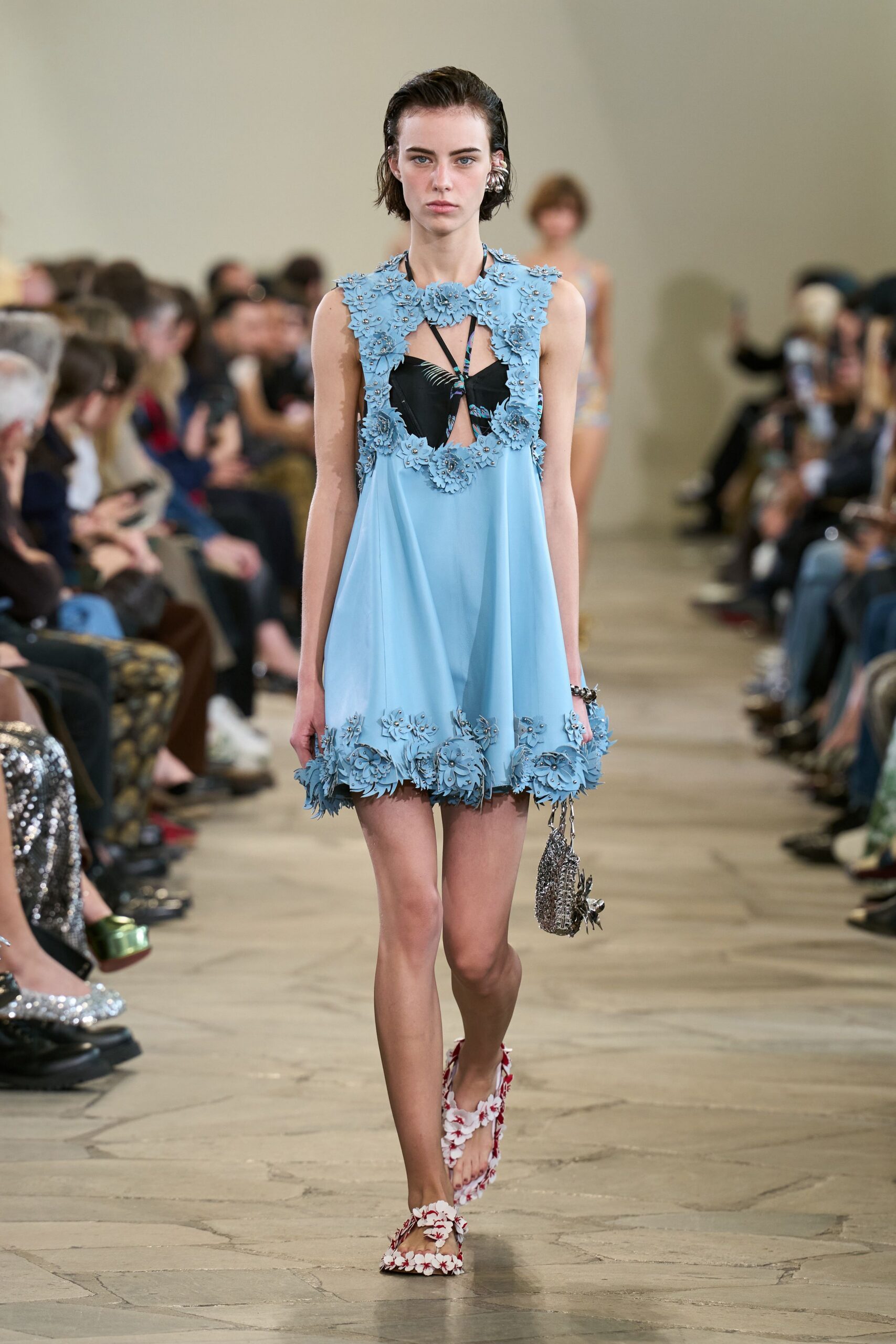 blue silk sleeveless v-neck fitted embroidered flared dress